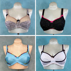 Four bras, different views of the London bra, on mannequins against a blue background