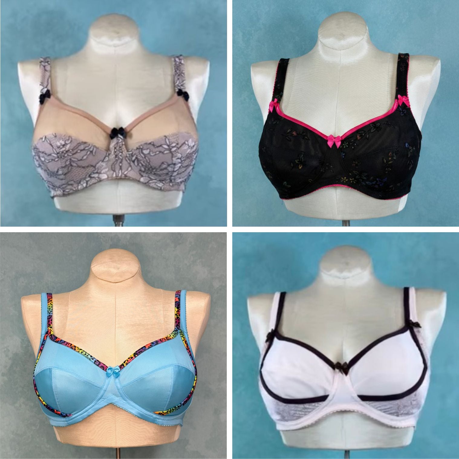 Four bras, different views of the London bra, on mannequins against a blue background