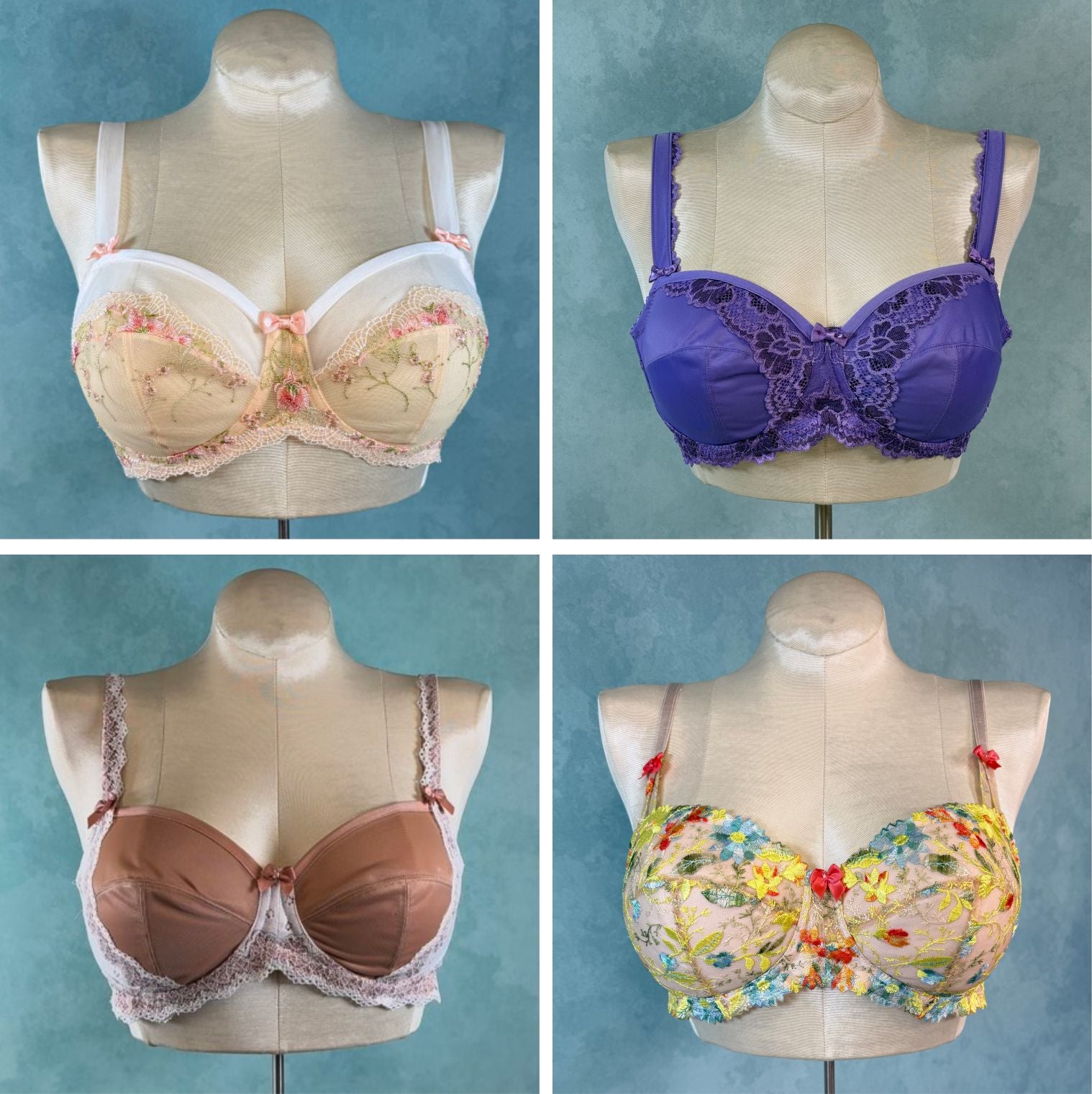 Four bras on mannequins with different designs and colors against a blue background