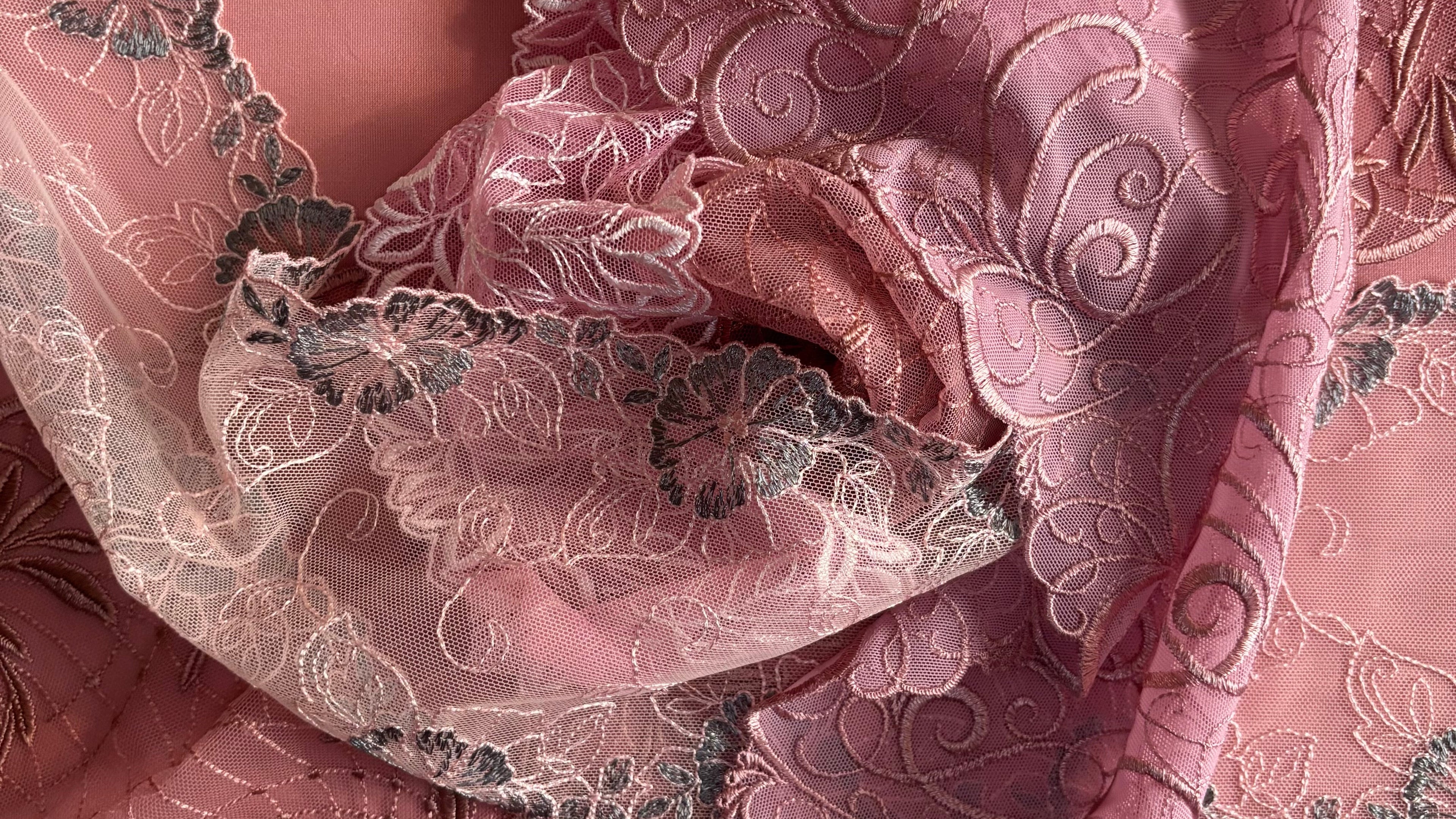 Close-up of pink lace fabric with intricate patterns
