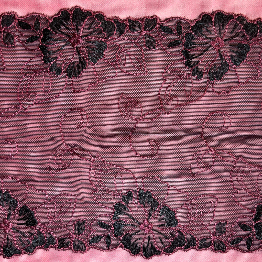 Embroidered Delicate Flower Lace Black with Cerise Pink