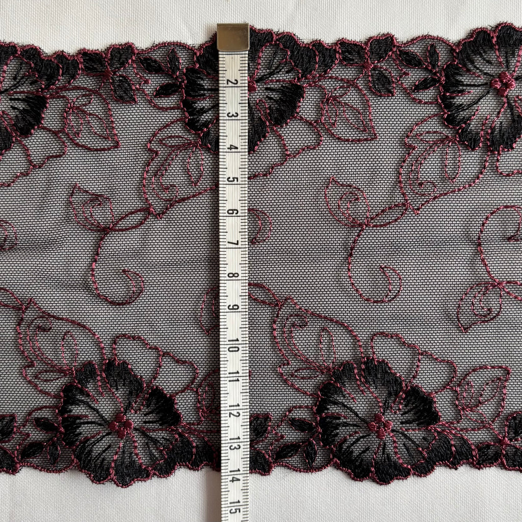 Embroidered Delicate Flower Lace Black with Cerise Pink