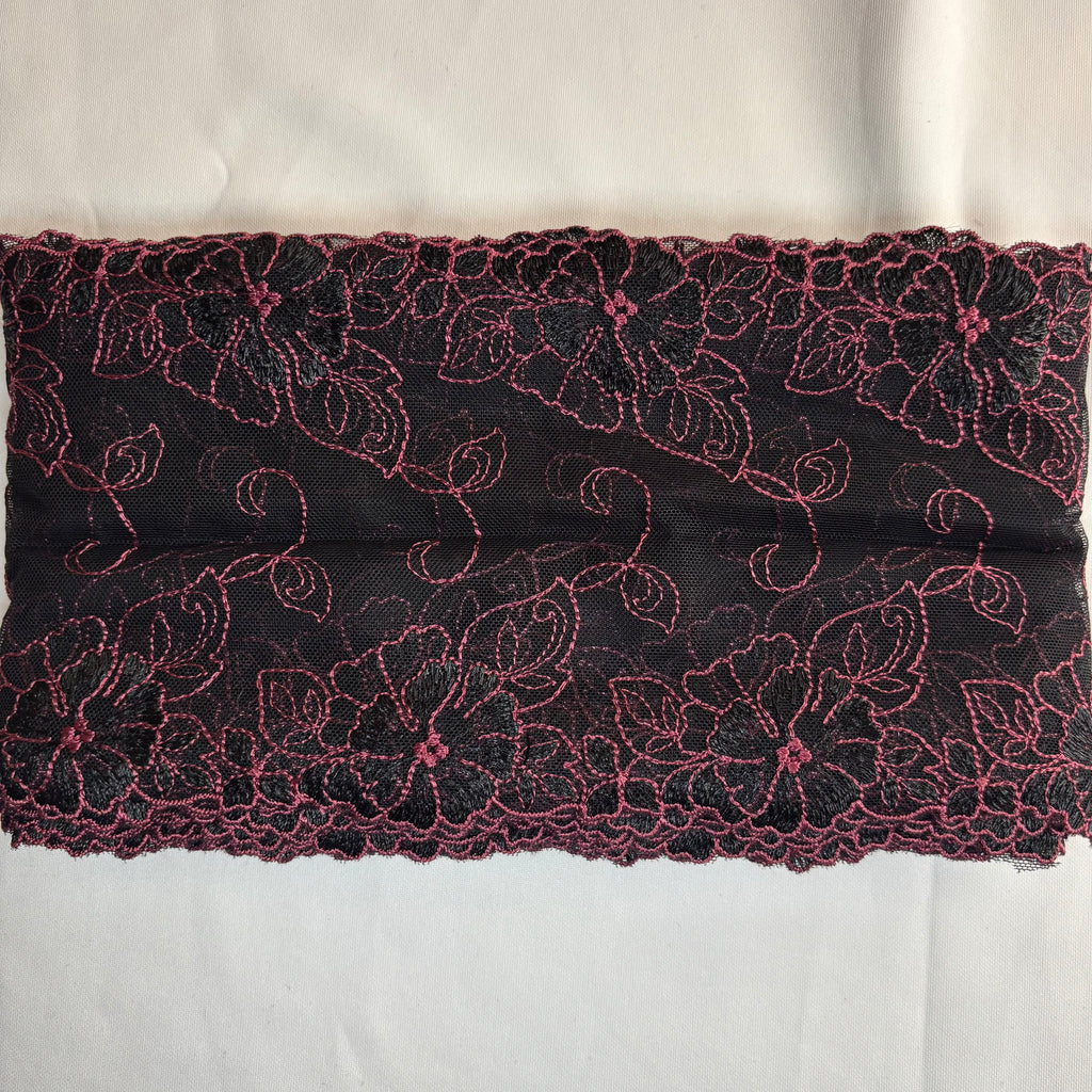 Embroidered Delicate Flower Lace Black with Cerise Pink