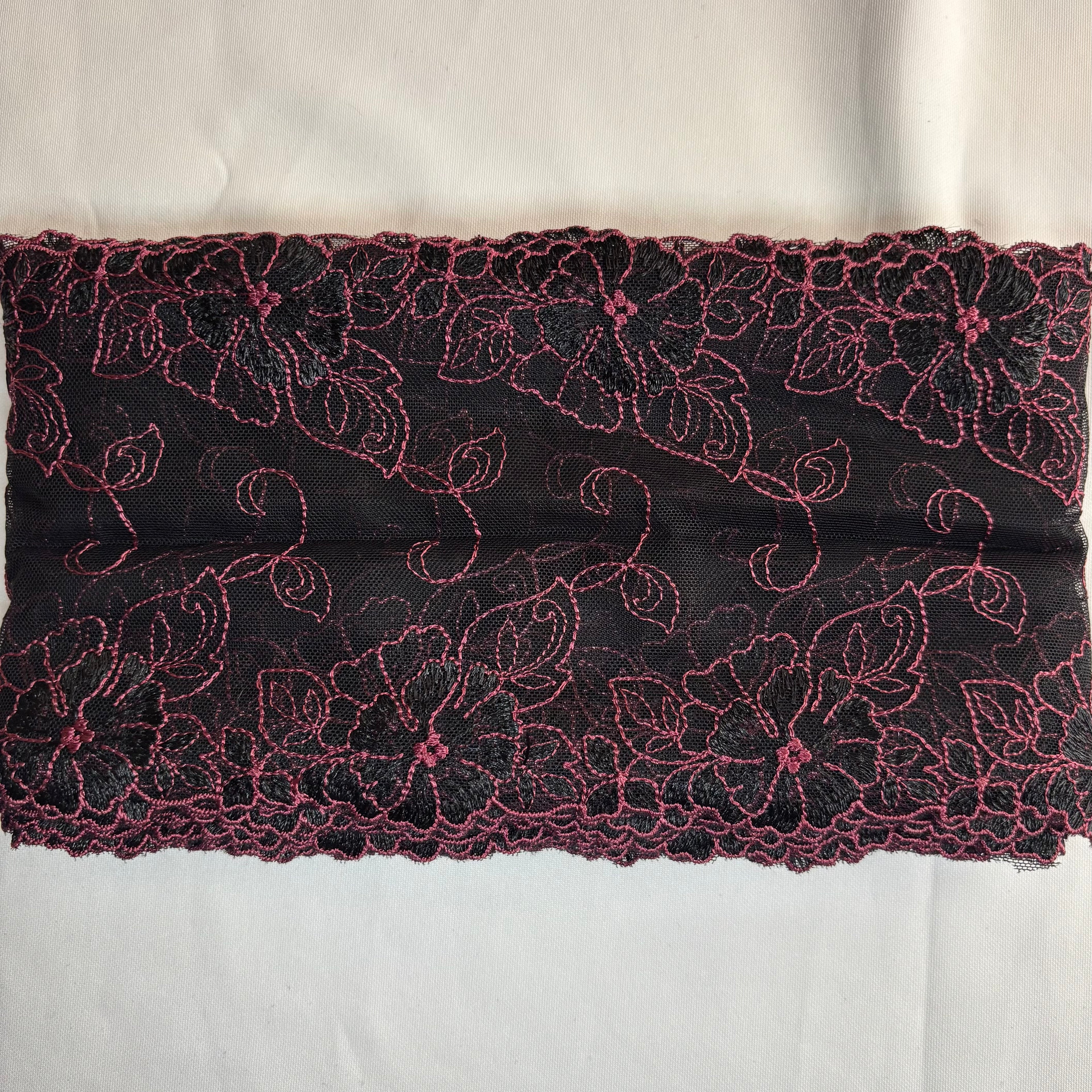 Embroidered Delicate Flower Lace Black with Cerise Pink
