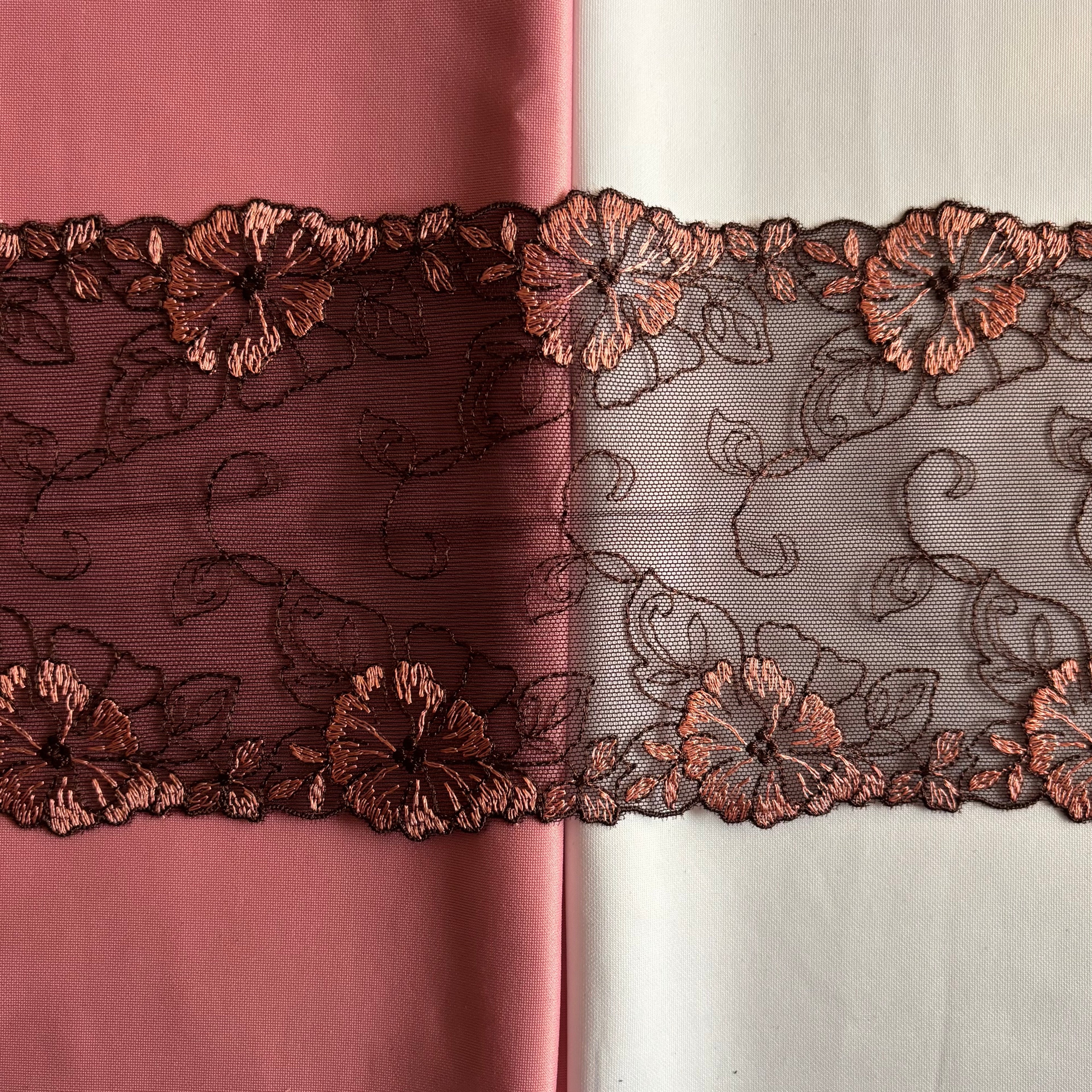 Embroidered Delicate Flower Lace Chocolate Brown with Brick Red