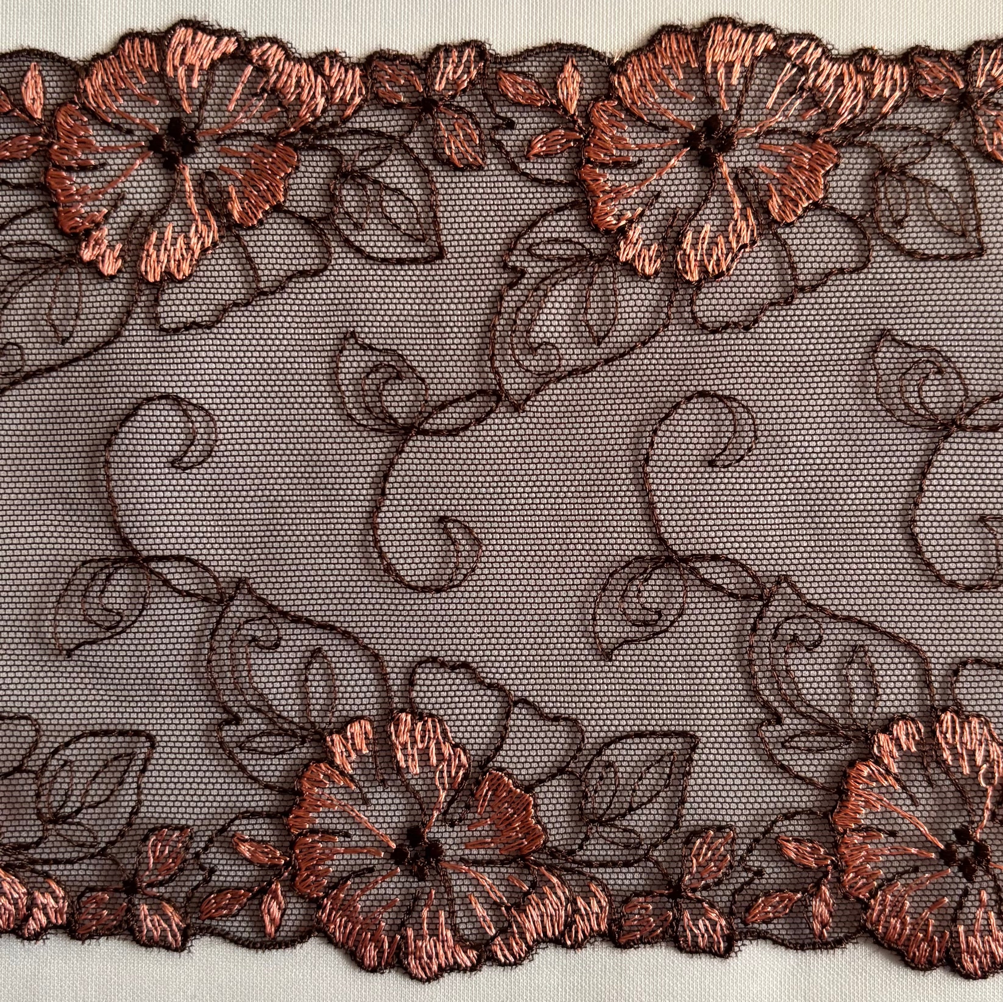 Embroidered Delicate Flower Lace Chocolate Brown with Brick Red
