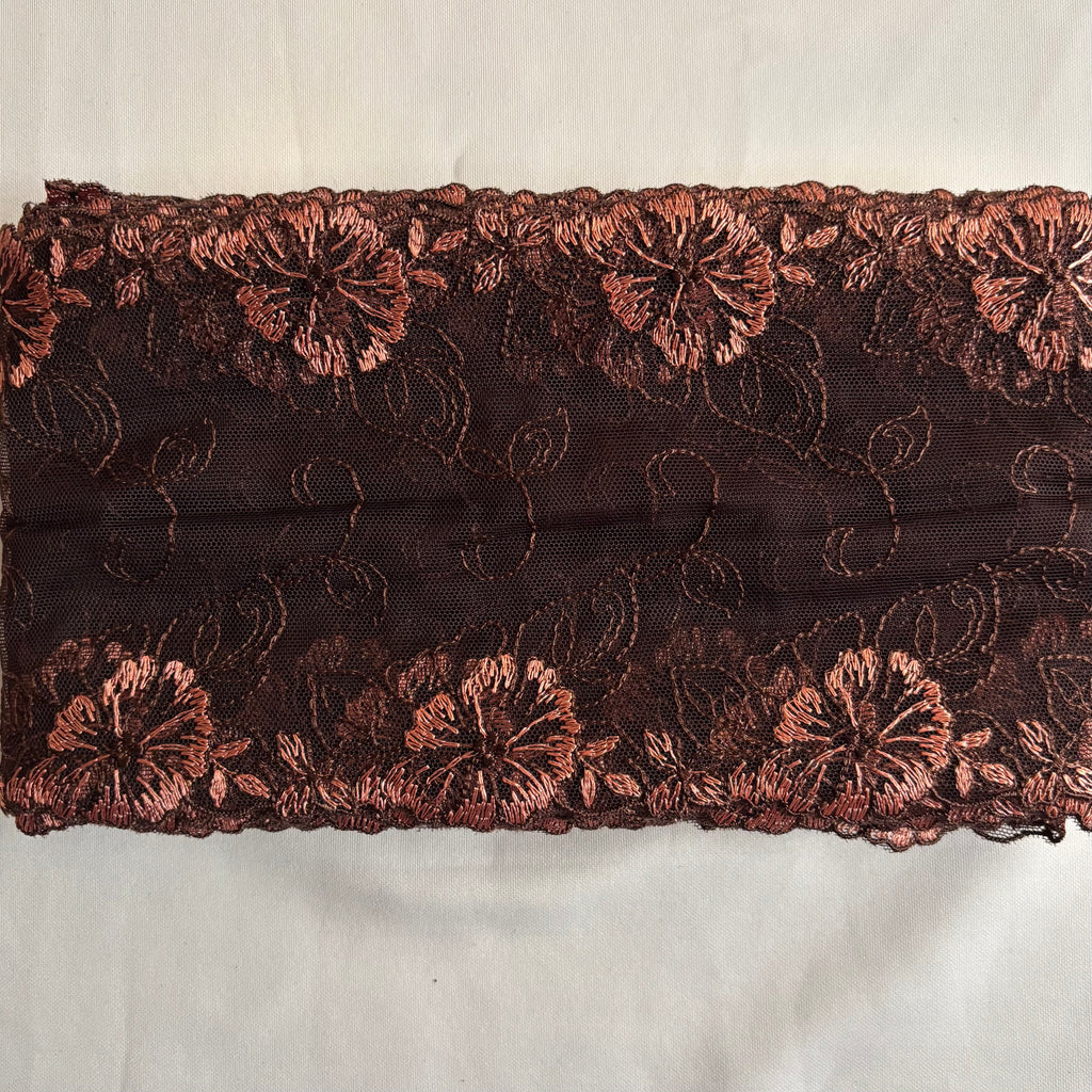 Embroidered Delicate Flower Lace Chocolate Brown with Brick Red