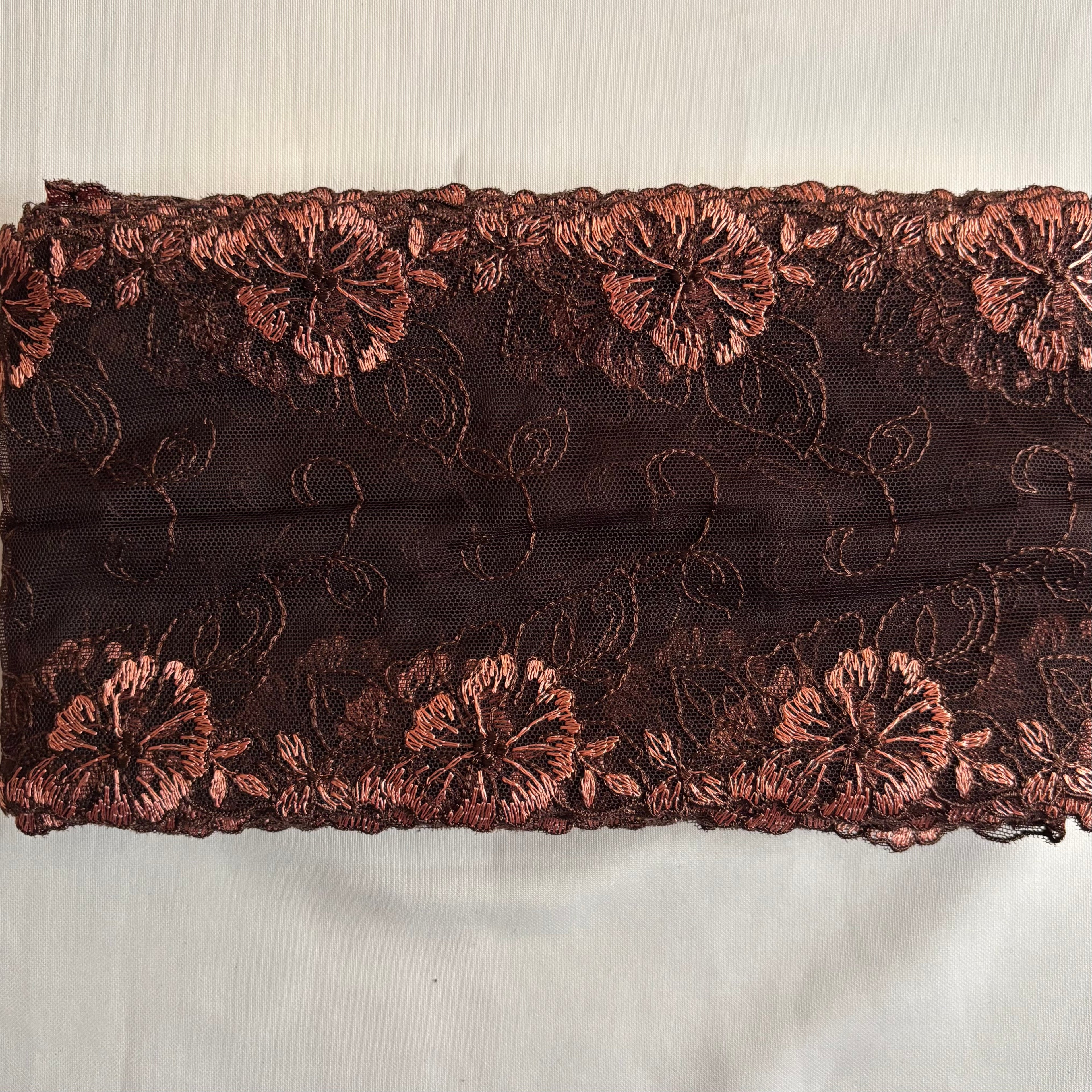 Embroidered Delicate Flower Lace Chocolate Brown with Brick Red