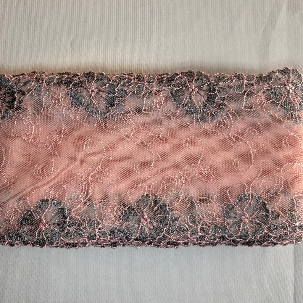 Embroidered Delicate Flower Lace Light Pink with Light Grey