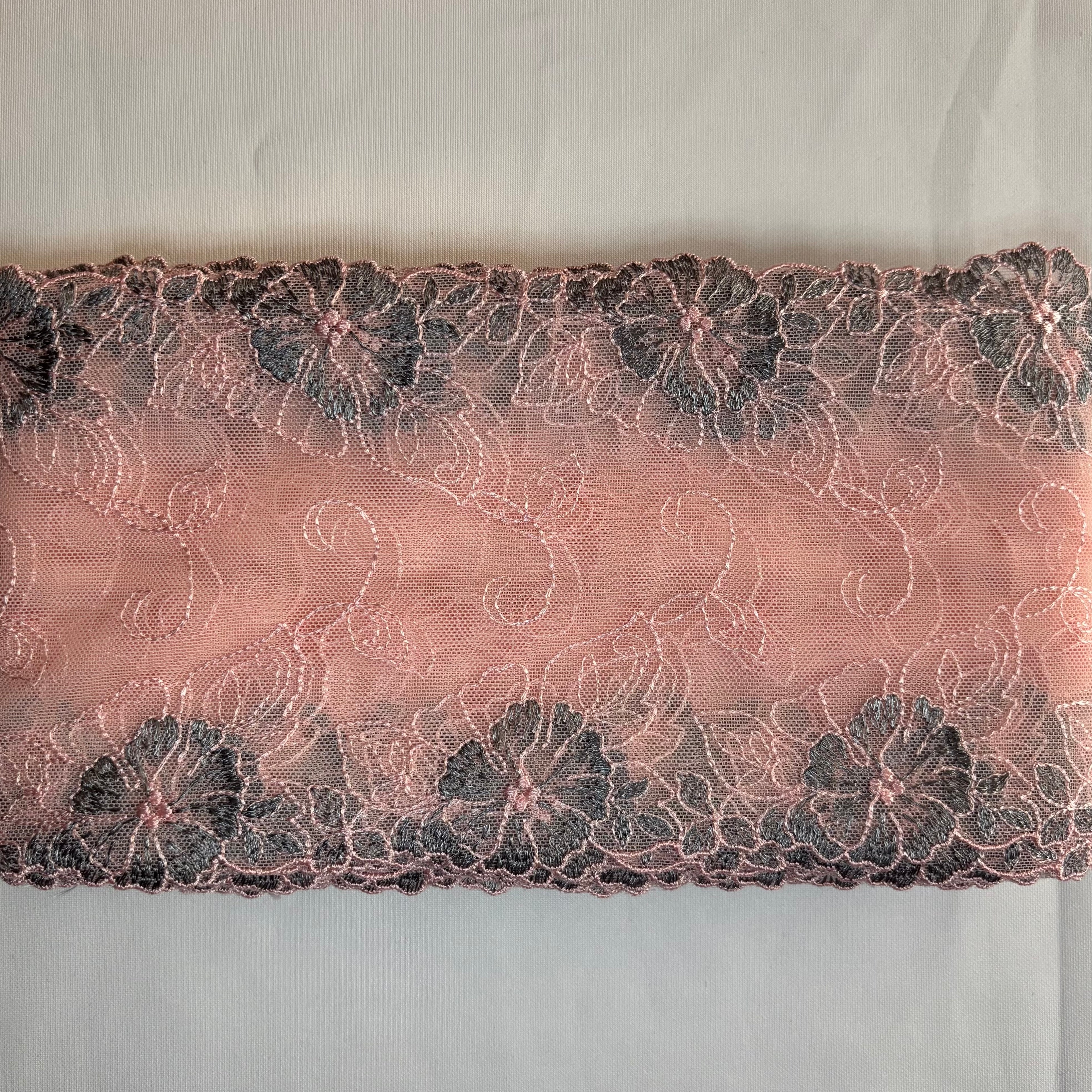 Embroidered Delicate Flower Lace Light Pink with Light Grey