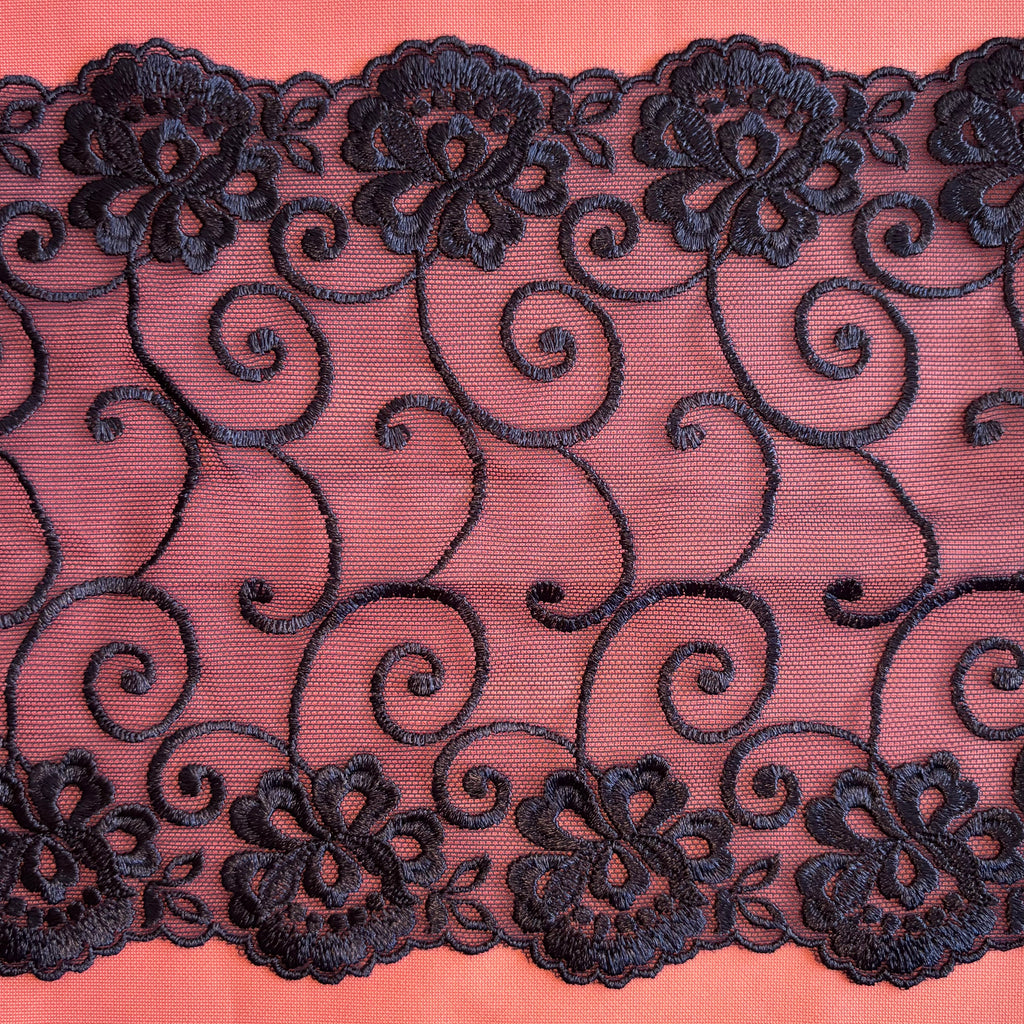 Embroidered Lace Flower Swirls Navy