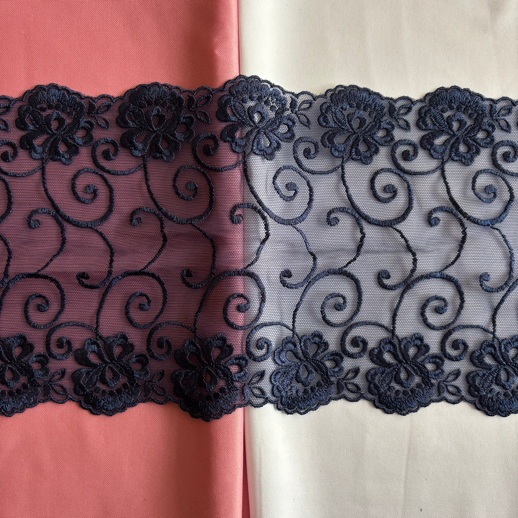 Embroidered Lace Flower Swirls Navy