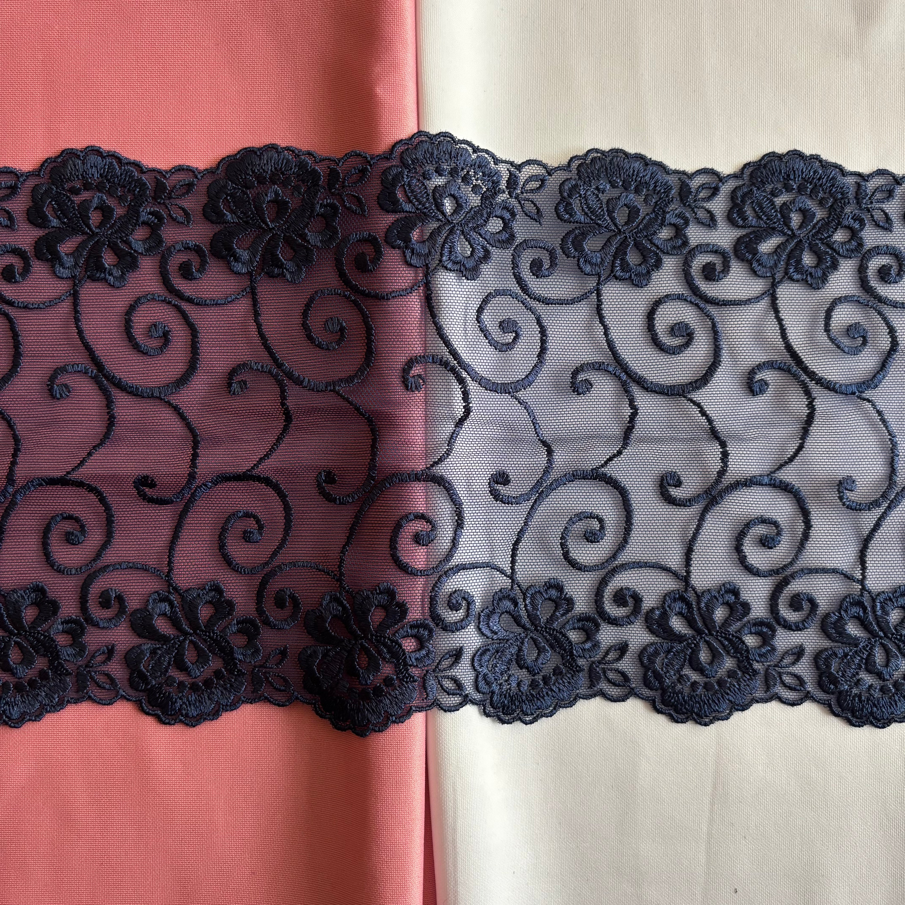 Embroidered Lace Flower Swirls Navy