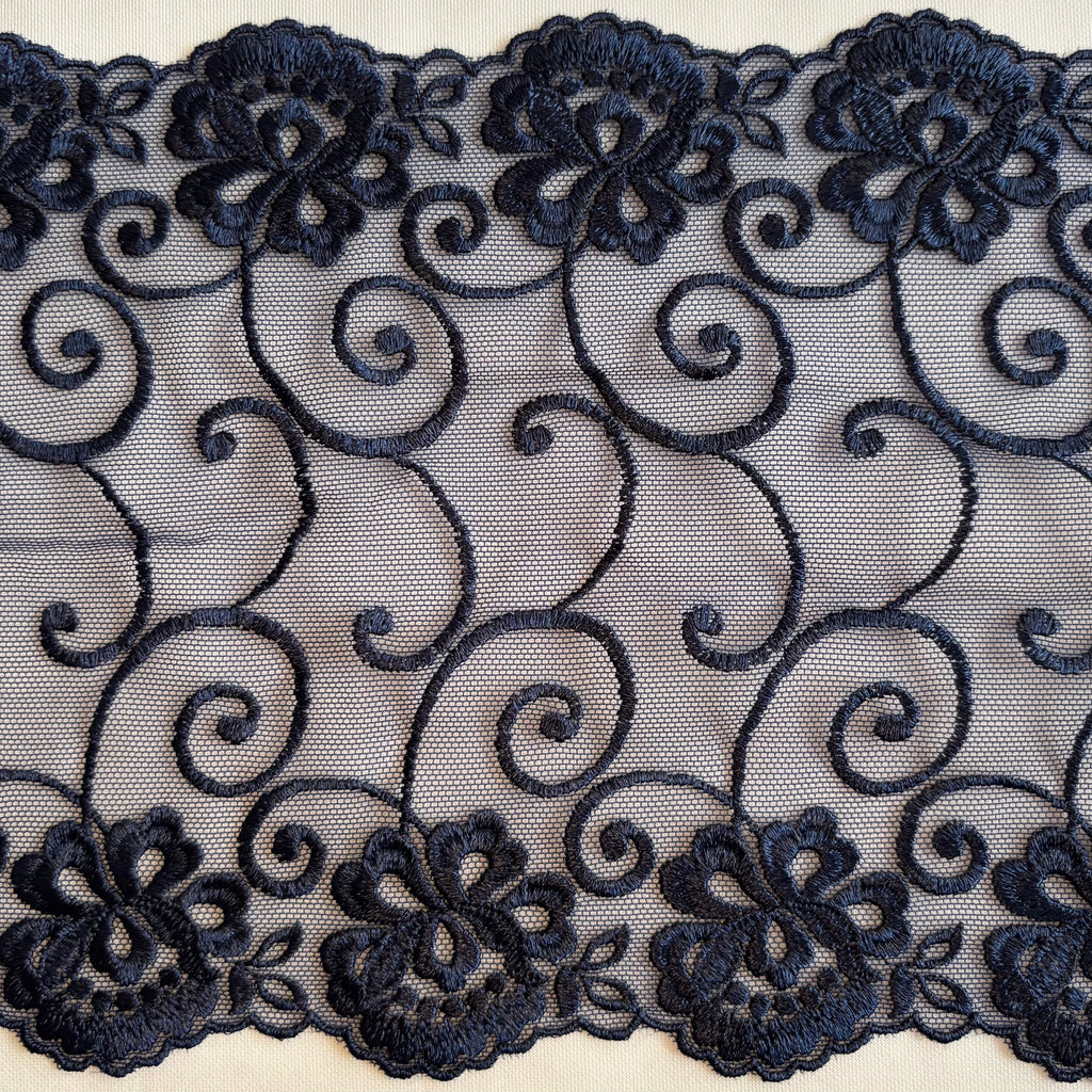 Embroidered Lace Flower Swirls Navy