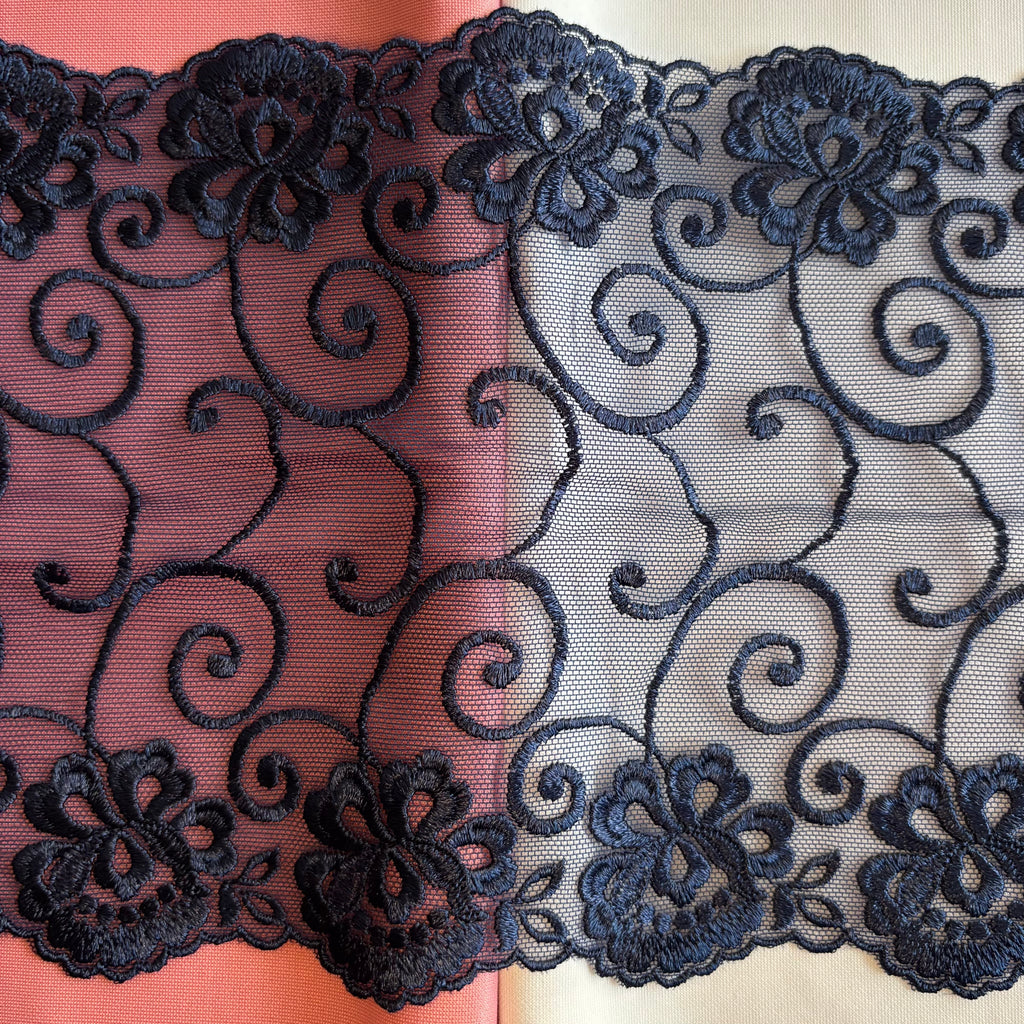 Embroidered Lace Flower Swirls Navy