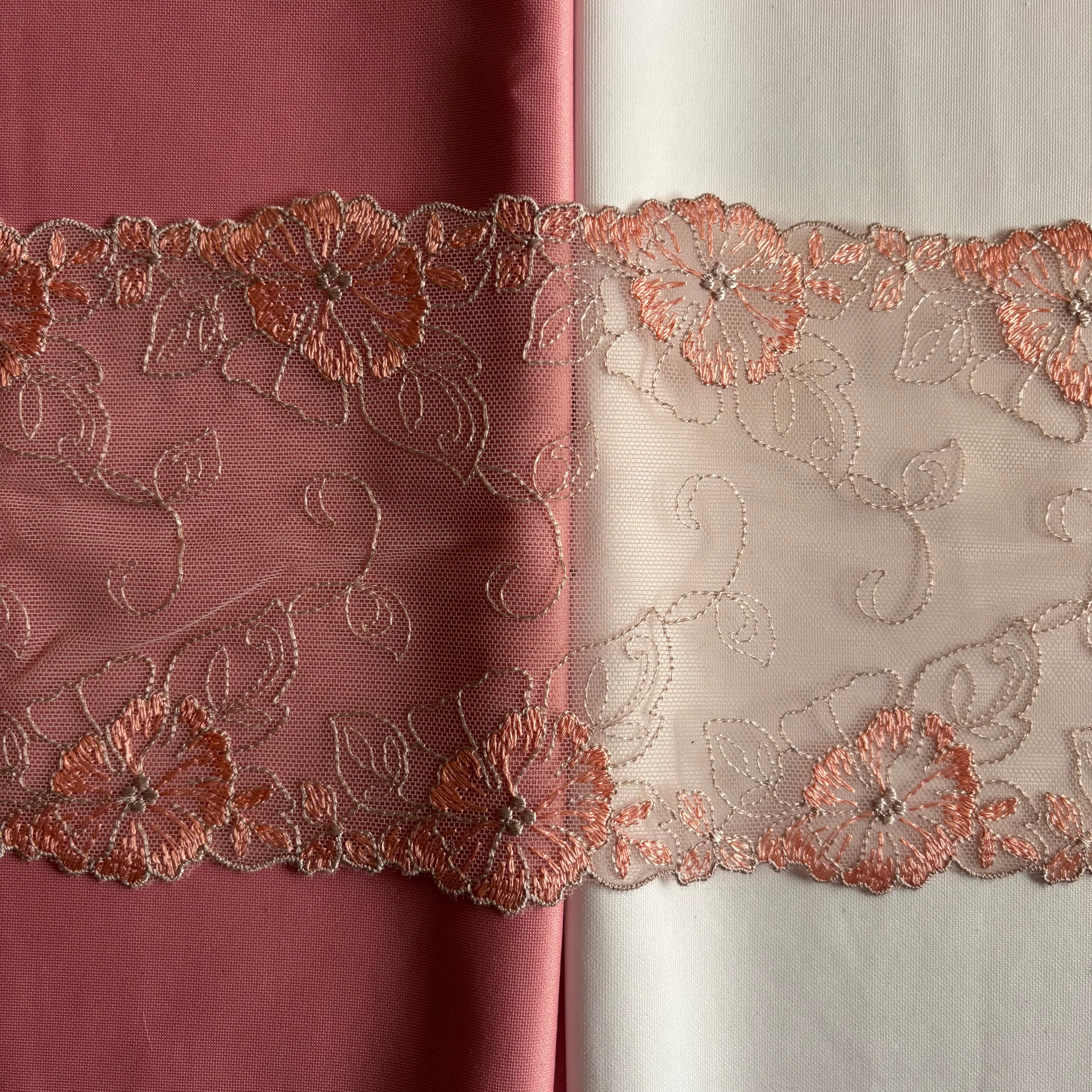 Embroidered Delicate Flower Lace Light Mocha with Brick Red