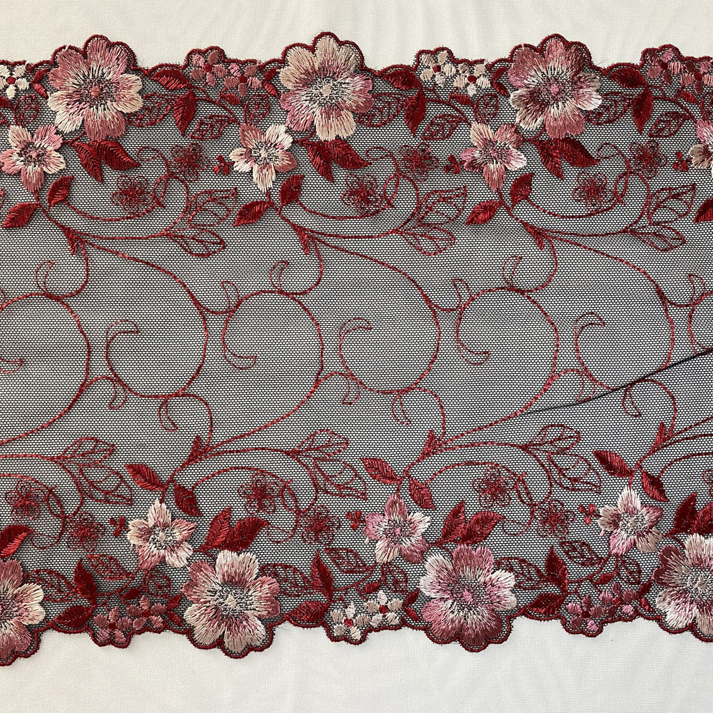 Embroidered Lace Black with Pink and Red Flowers