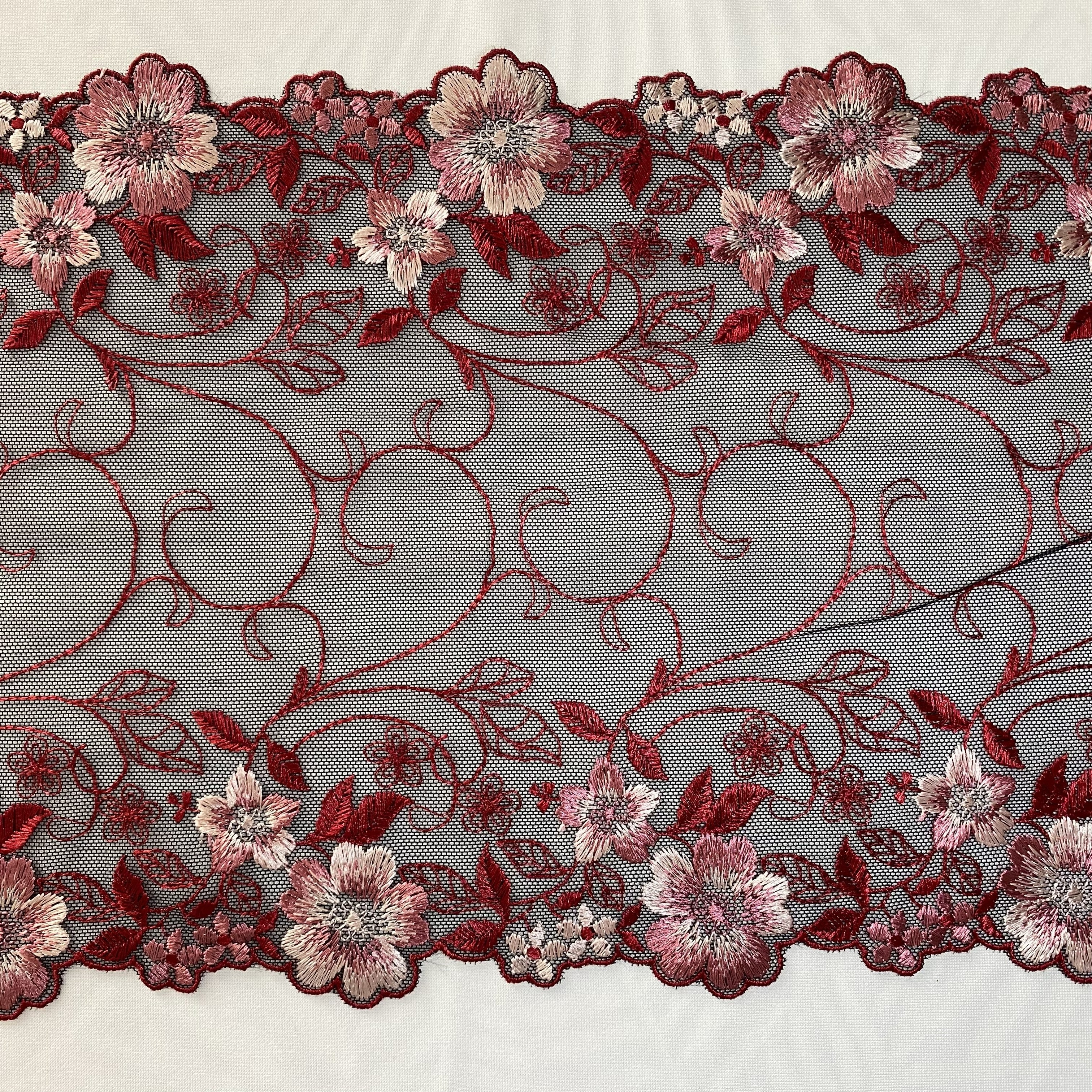 Embroidered Lace Black with Pink and Red Flowers