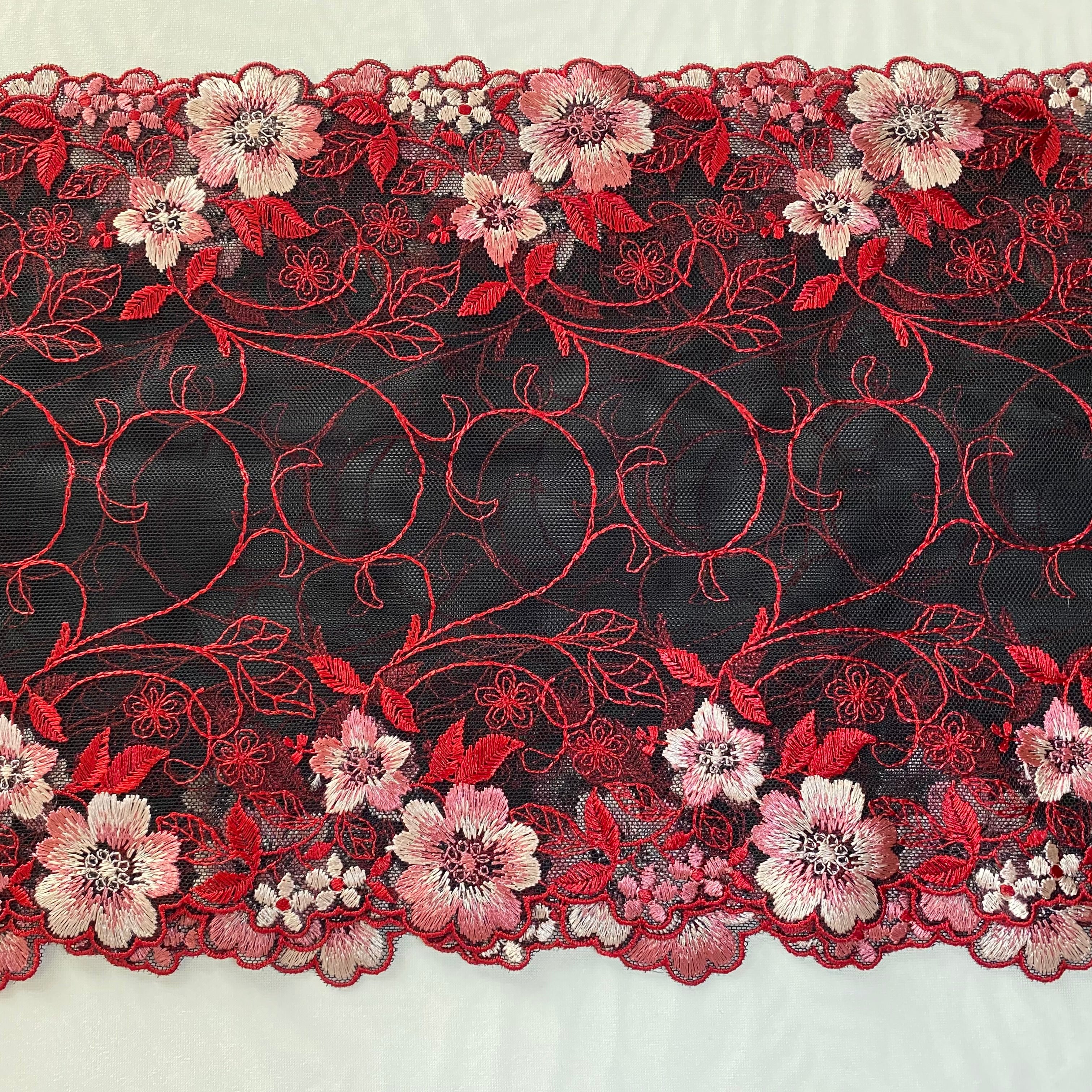 Embroidered Lace Black with Pink and Red Flowers