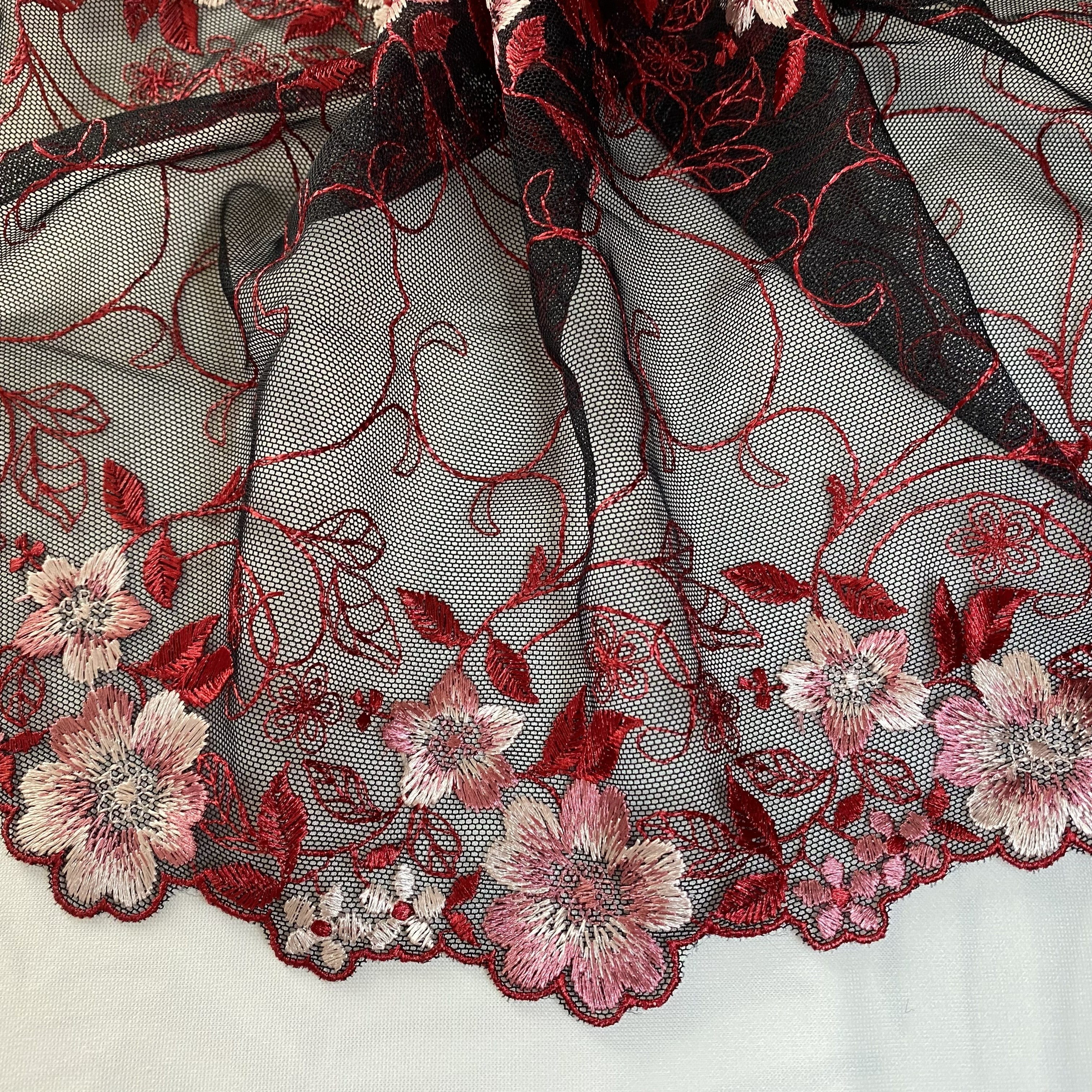 Embroidered Lace Black with Pink and Red Flowers