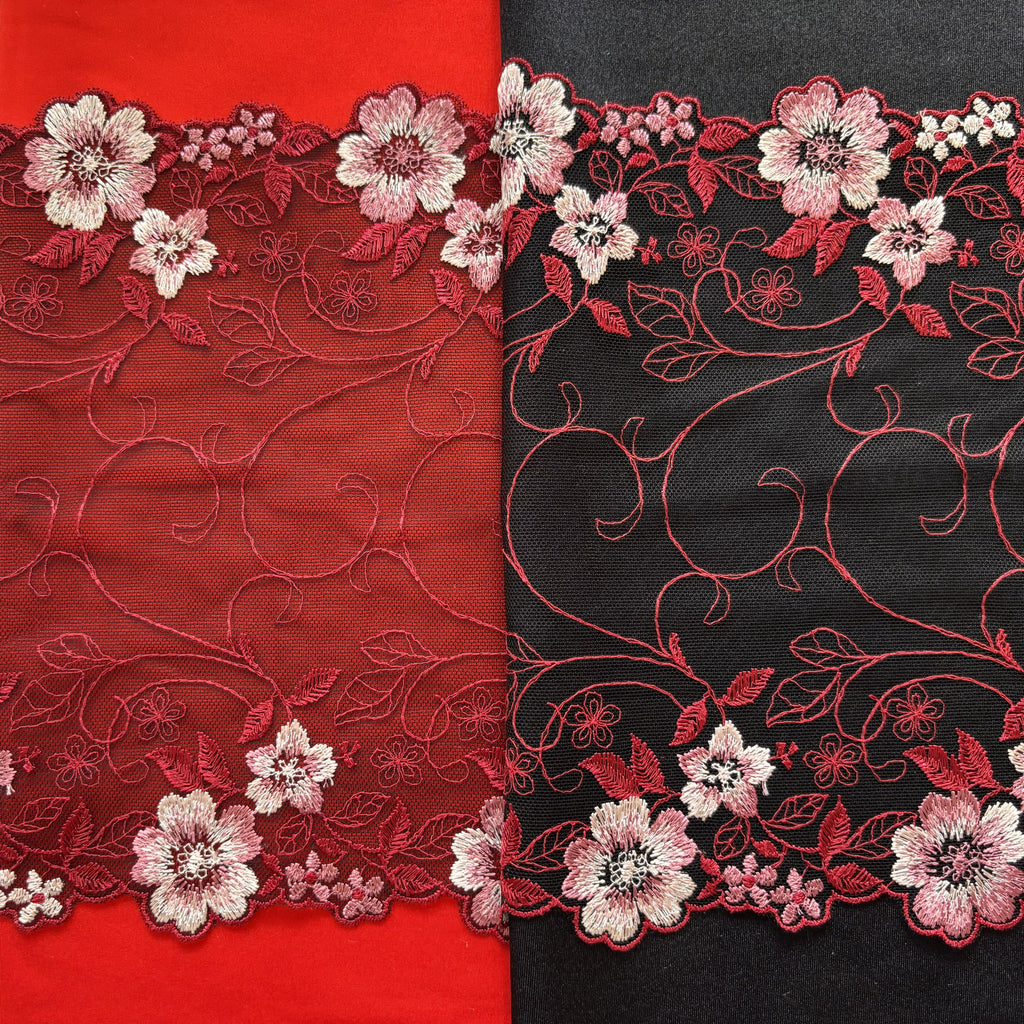 Embroidered Lace Black with Pink and Red Flowers