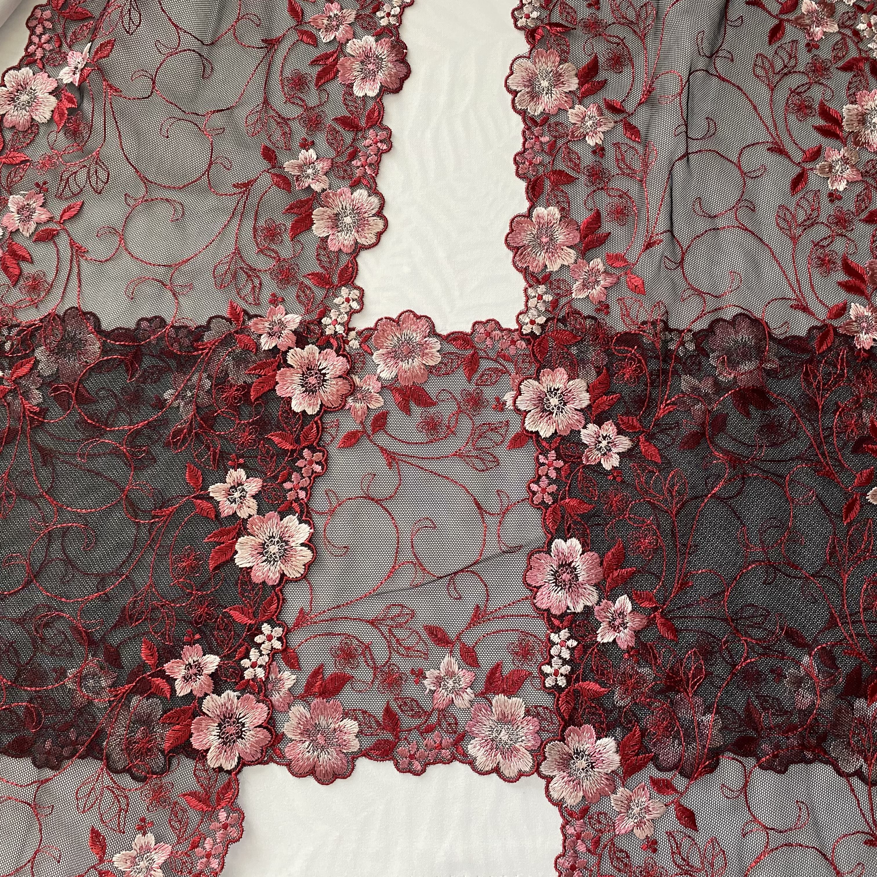 Embroidered Lace Black with Pink and Red Flowers