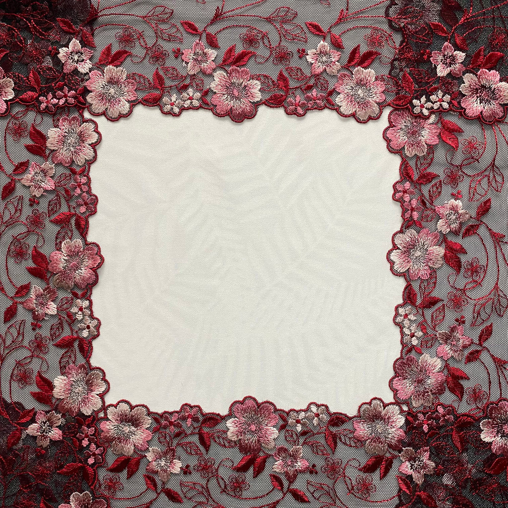 Embroidered Lace Black with Pink and Red Flowers