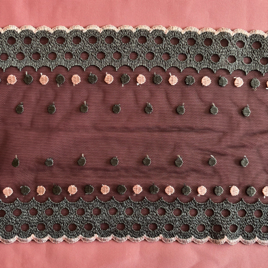 Embroidered Lace Black with Grey and Light Pink Dots