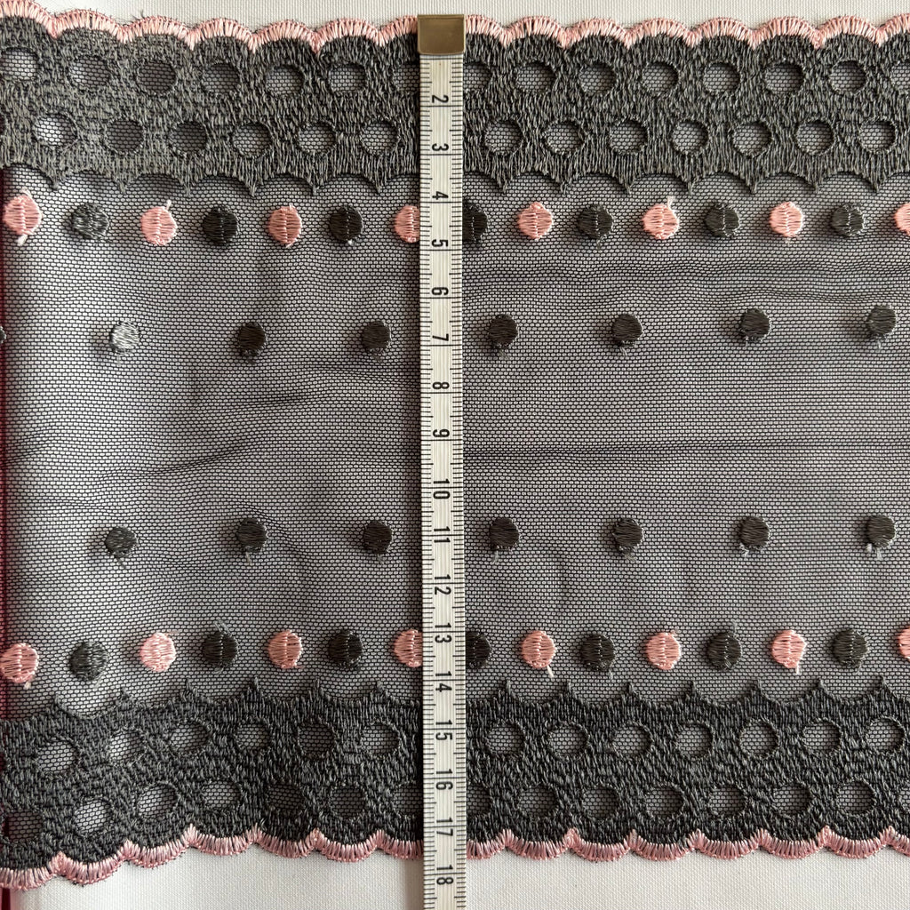 Embroidered Lace Black with Grey and Light Pink Dots