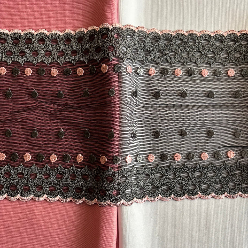 Embroidered Lace Black with Grey and Light Pink Dots