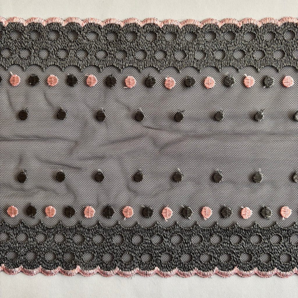 Embroidered Lace Black with Grey and Light Pink Dots