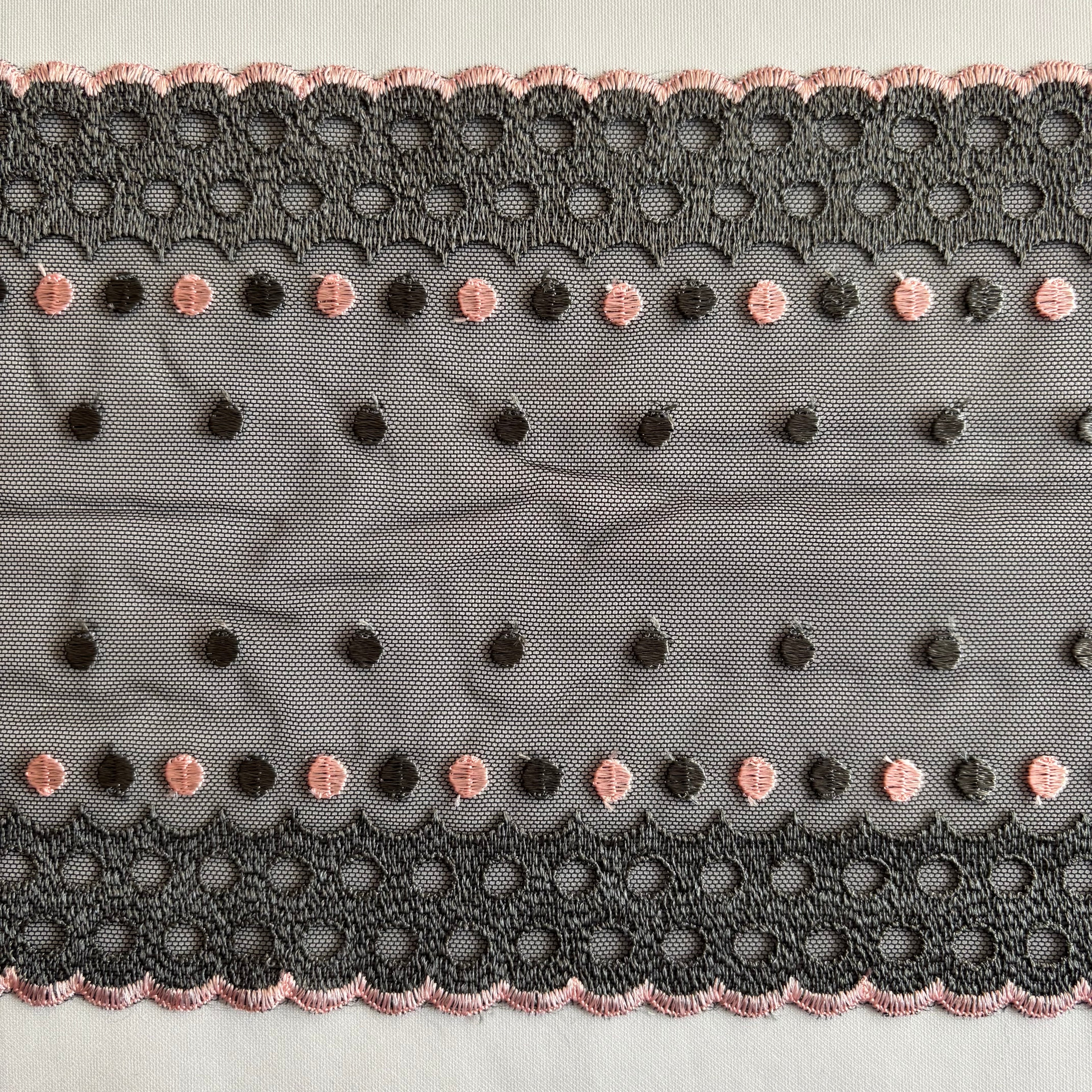 Embroidered Lace Black with Grey and Light Pink Dots