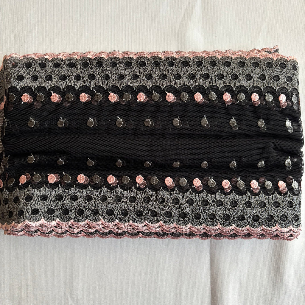 Embroidered Lace Black with Grey and Light Pink Dots