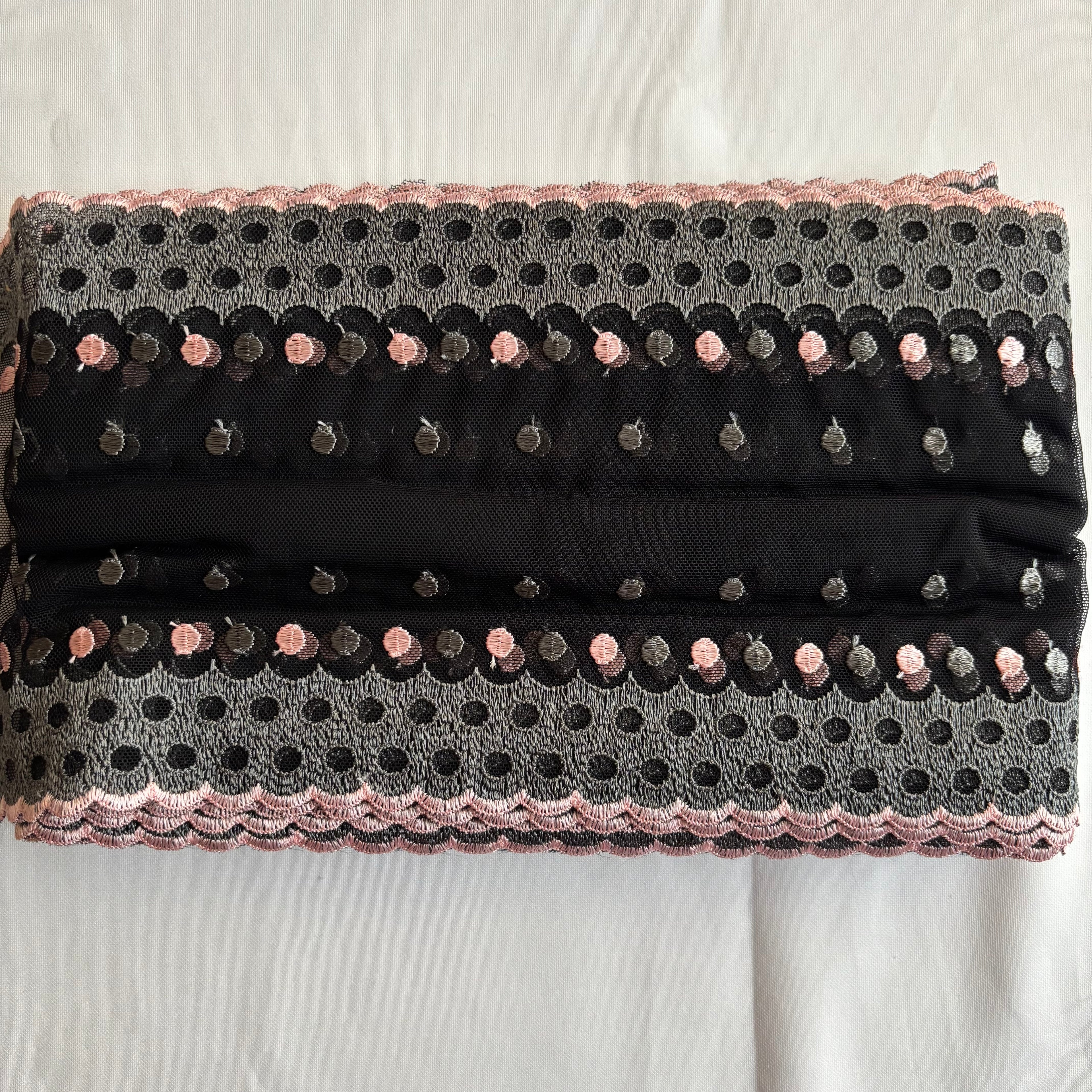 Embroidered Lace Black with Grey and Light Pink Dots