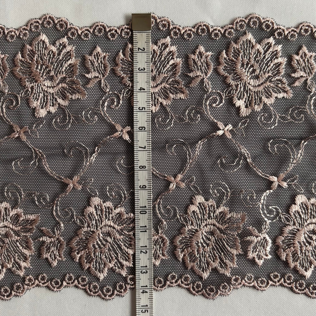 Embroidered Lace Black with Light Pink Flowers