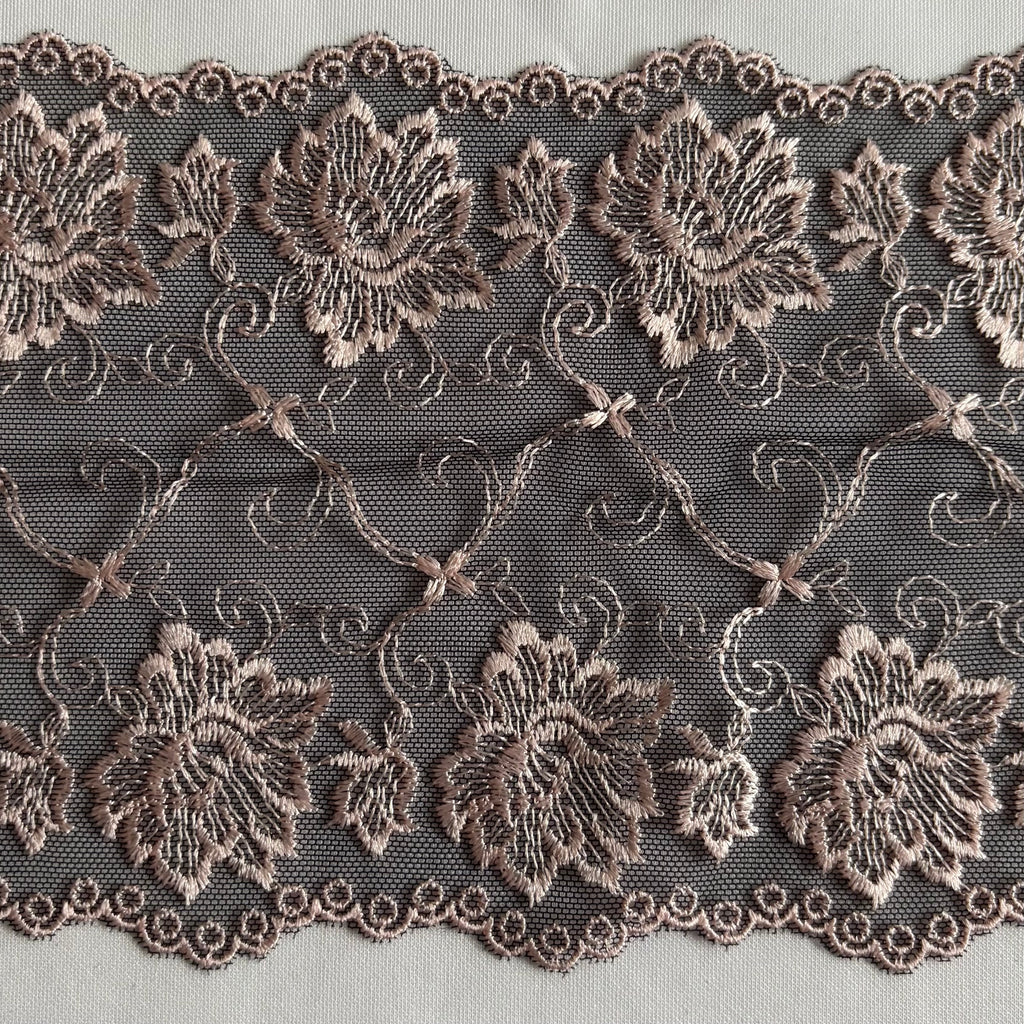 Embroidered Lace Black with Light Pink Flowers