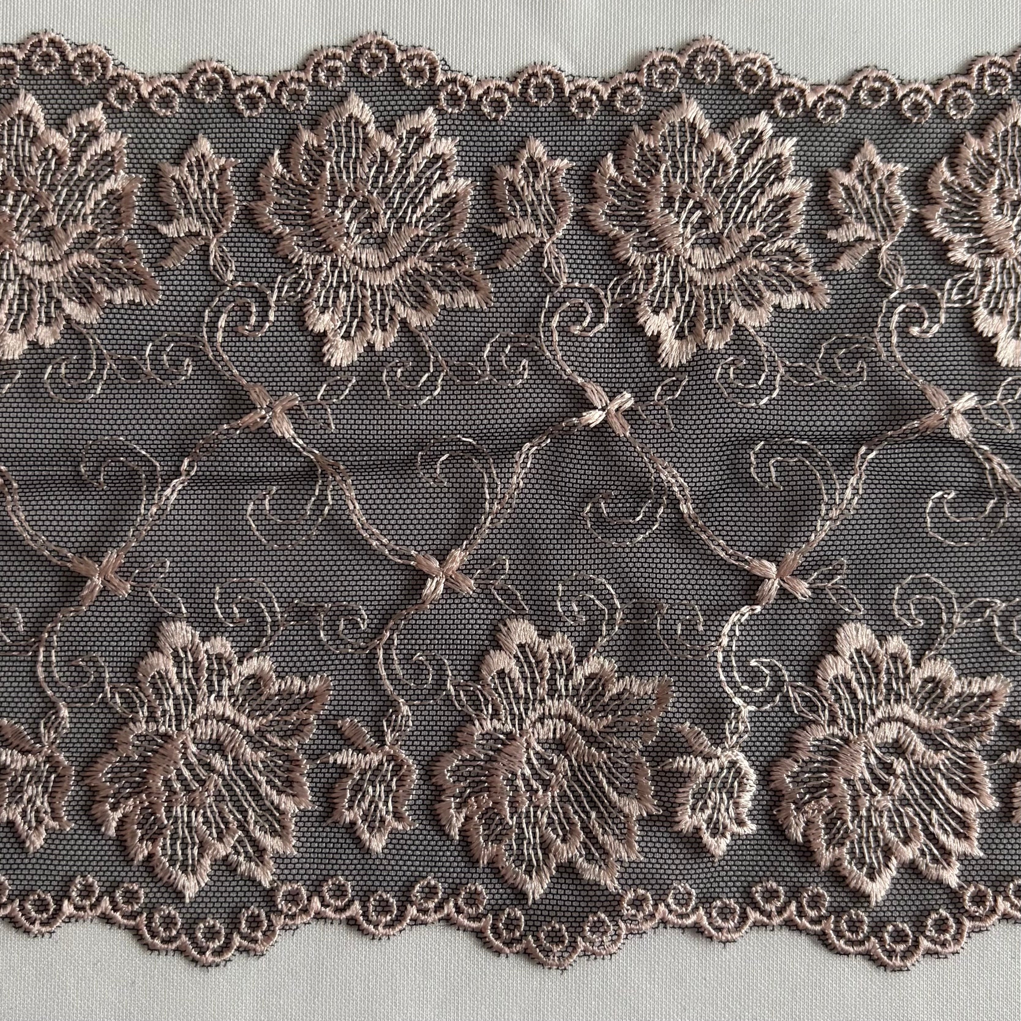 Embroidered Lace Black with Light Pink Flowers