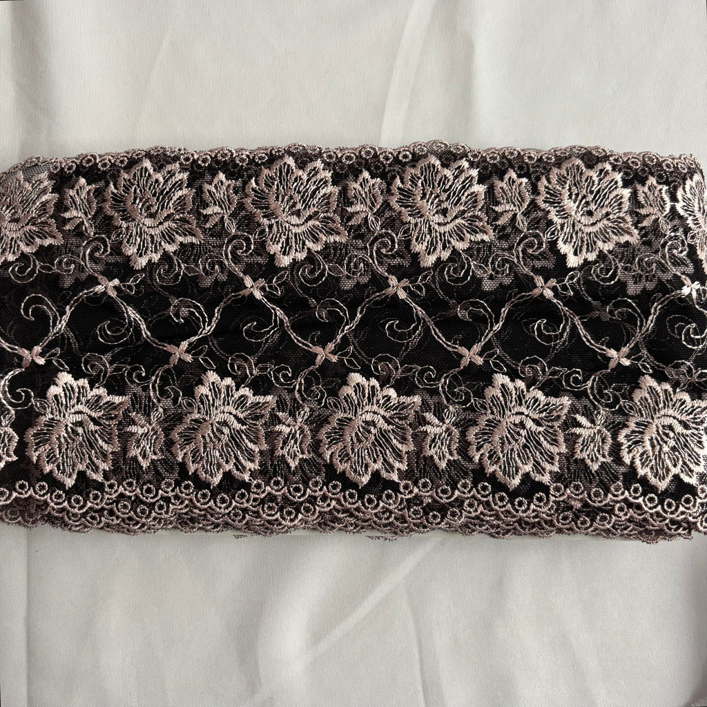 Embroidered Lace Black with Light Pink Flowers