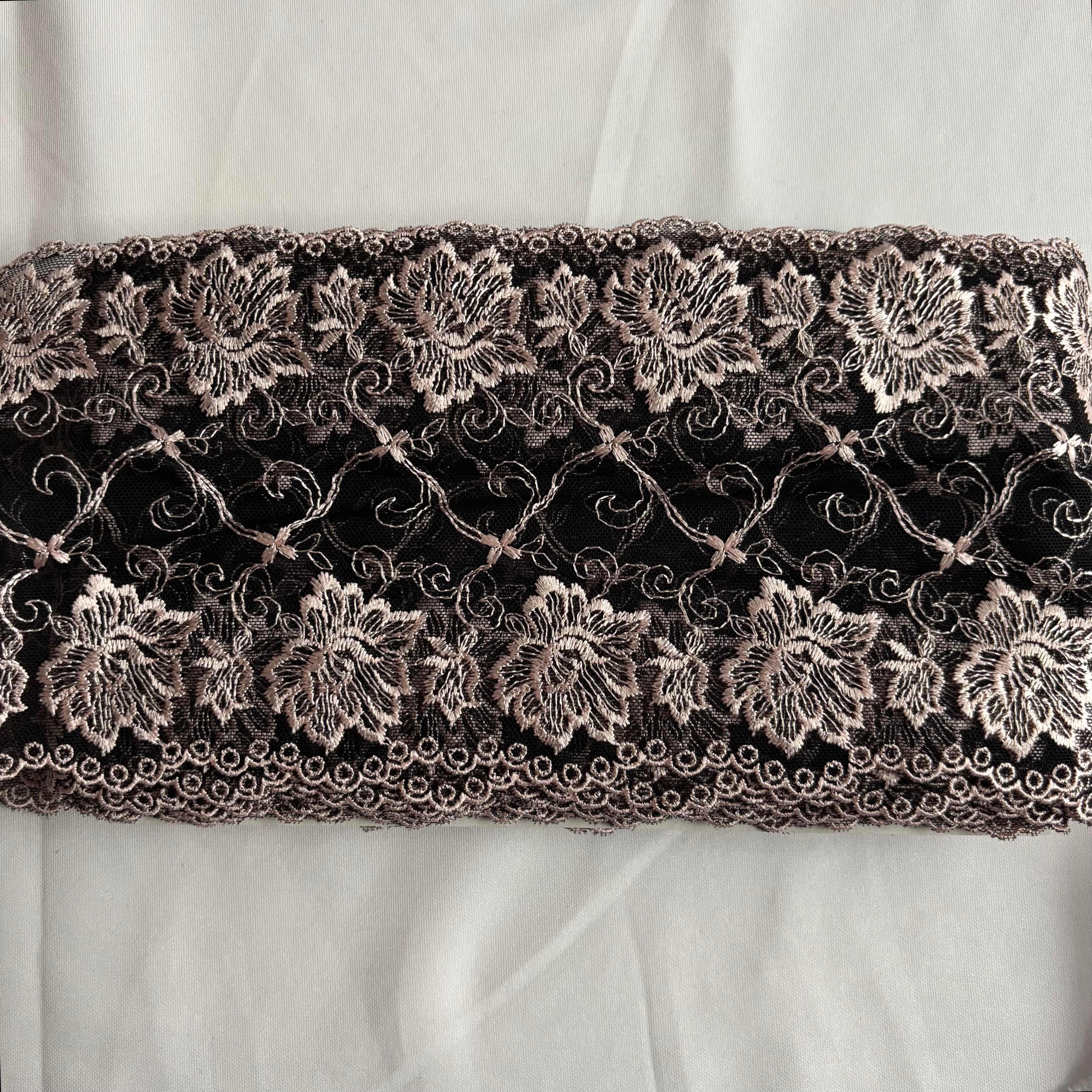Embroidered Lace Black with Light Pink Flowers