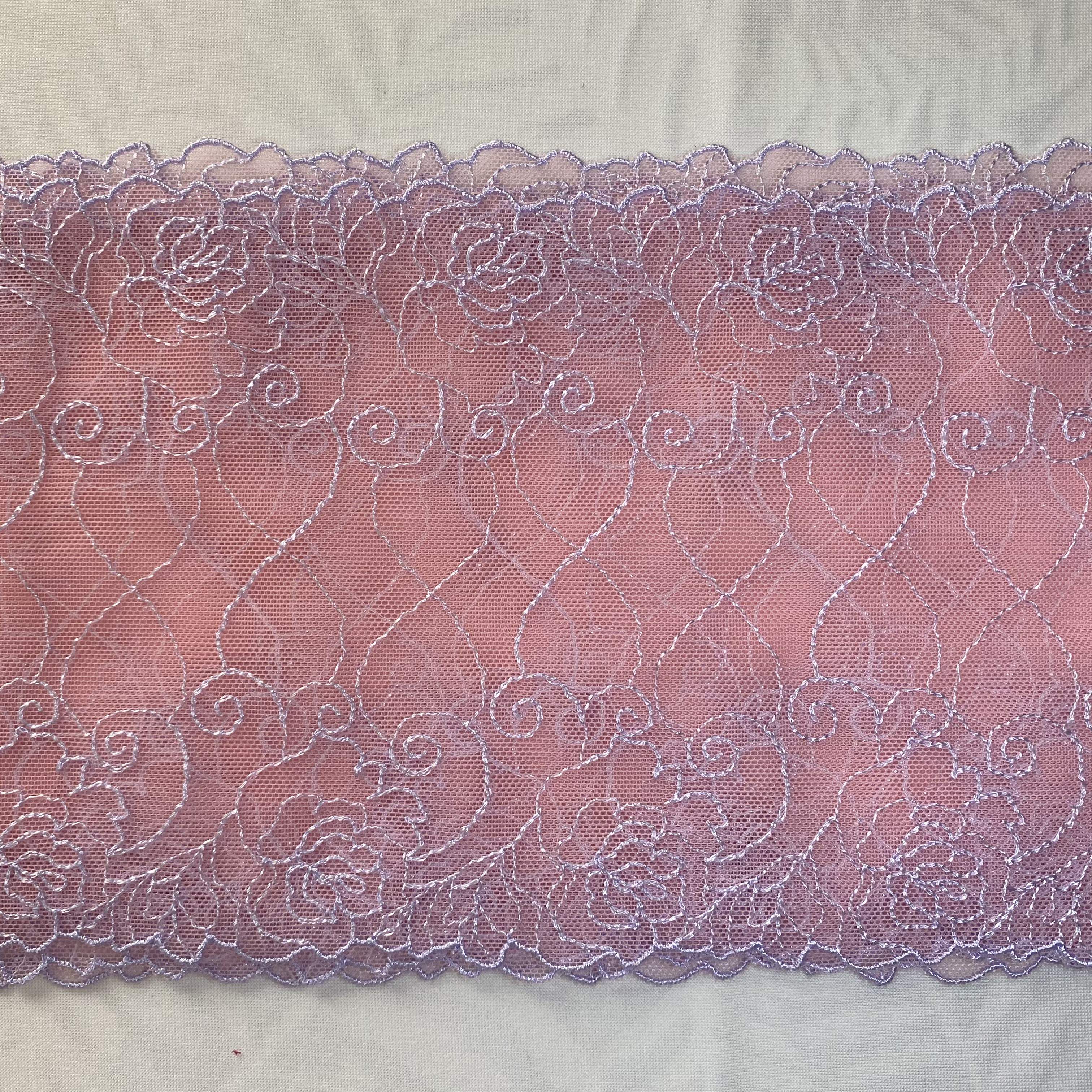 Embroidered Lace Light Pink with Lilac Flowers