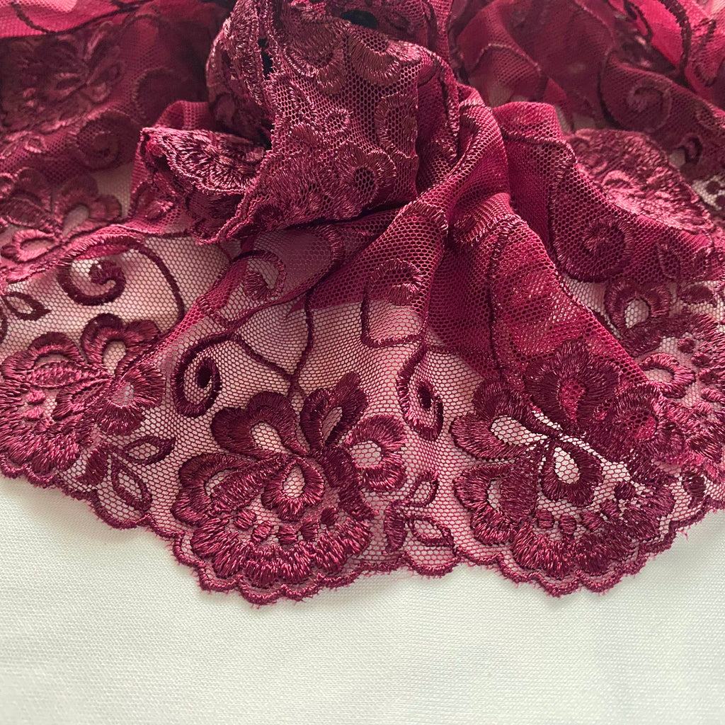 Embroidered Lace Flower Swirls Maroon