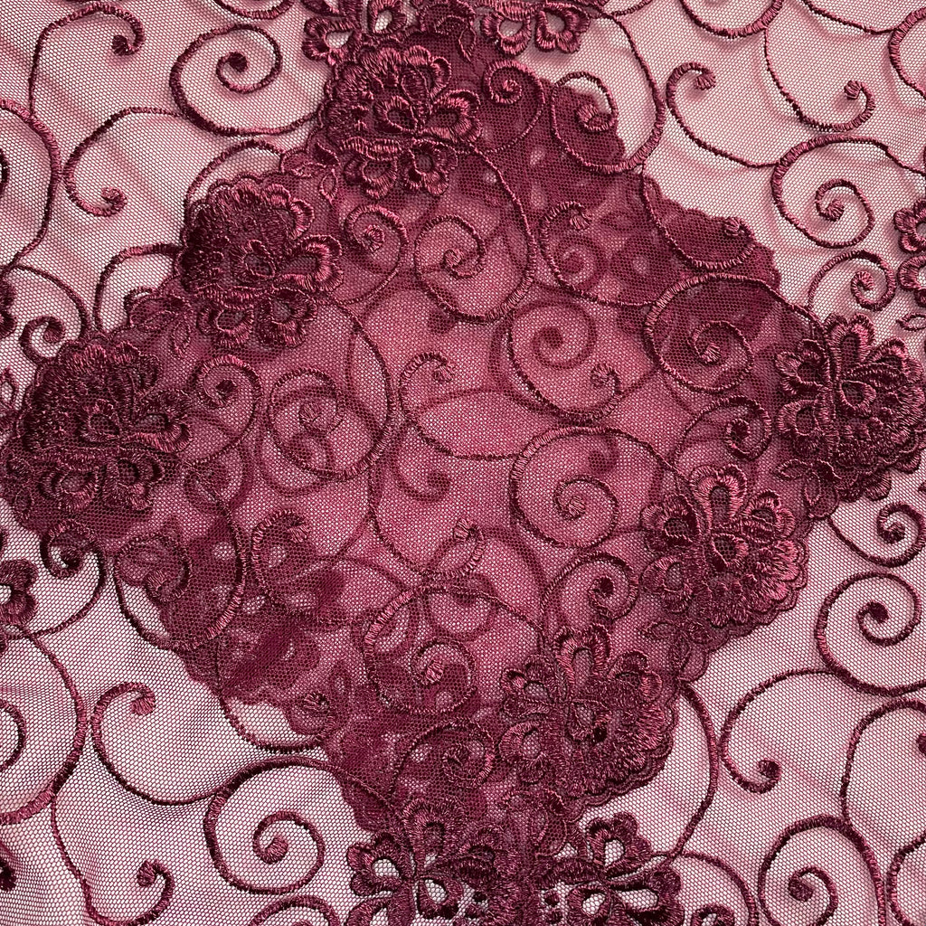 Embroidered Lace Flower Swirls Maroon