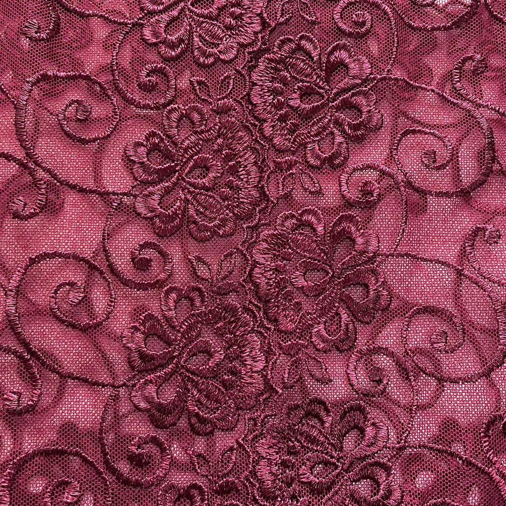 Embroidered Lace Flower Swirls Maroon