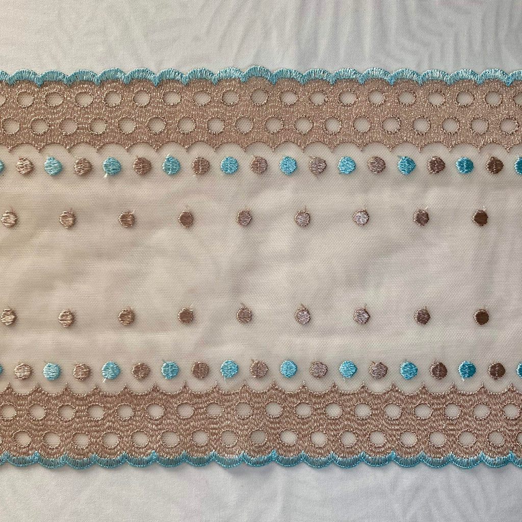 Embroidered Lace Mocha with Aqua Dots