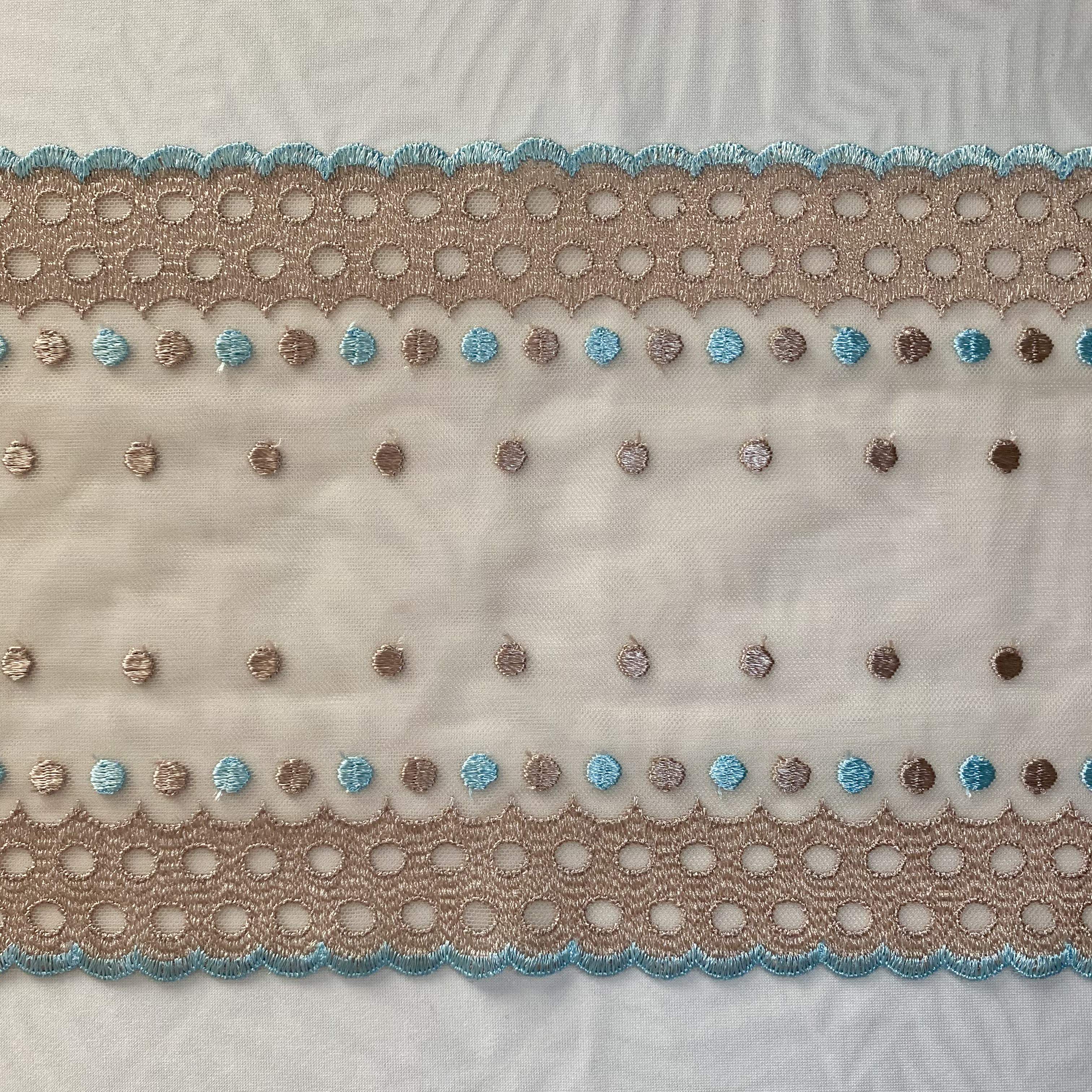 Embroidered Lace Mocha with Aqua Dots
