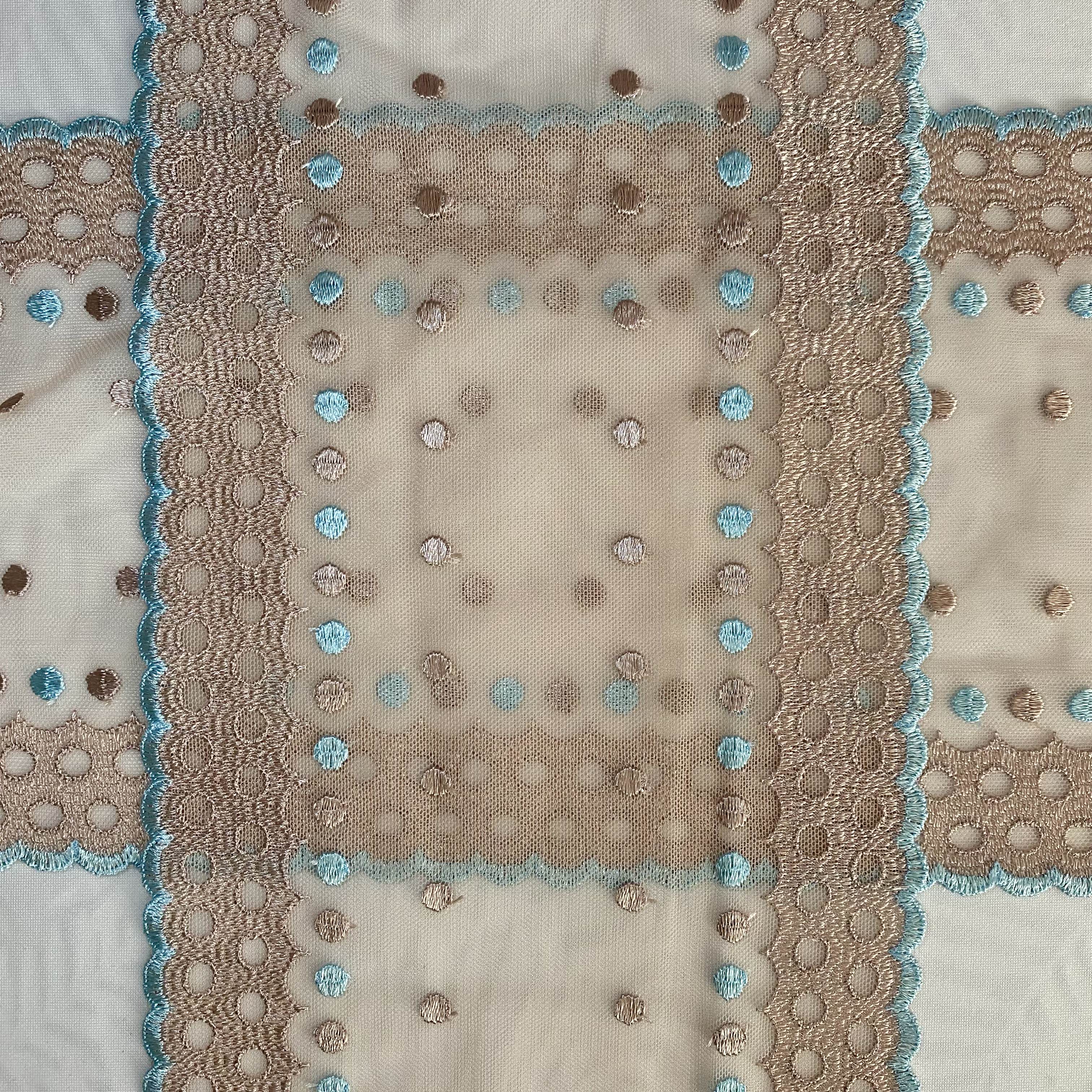 Embroidered Lace Mocha with Aqua Dots