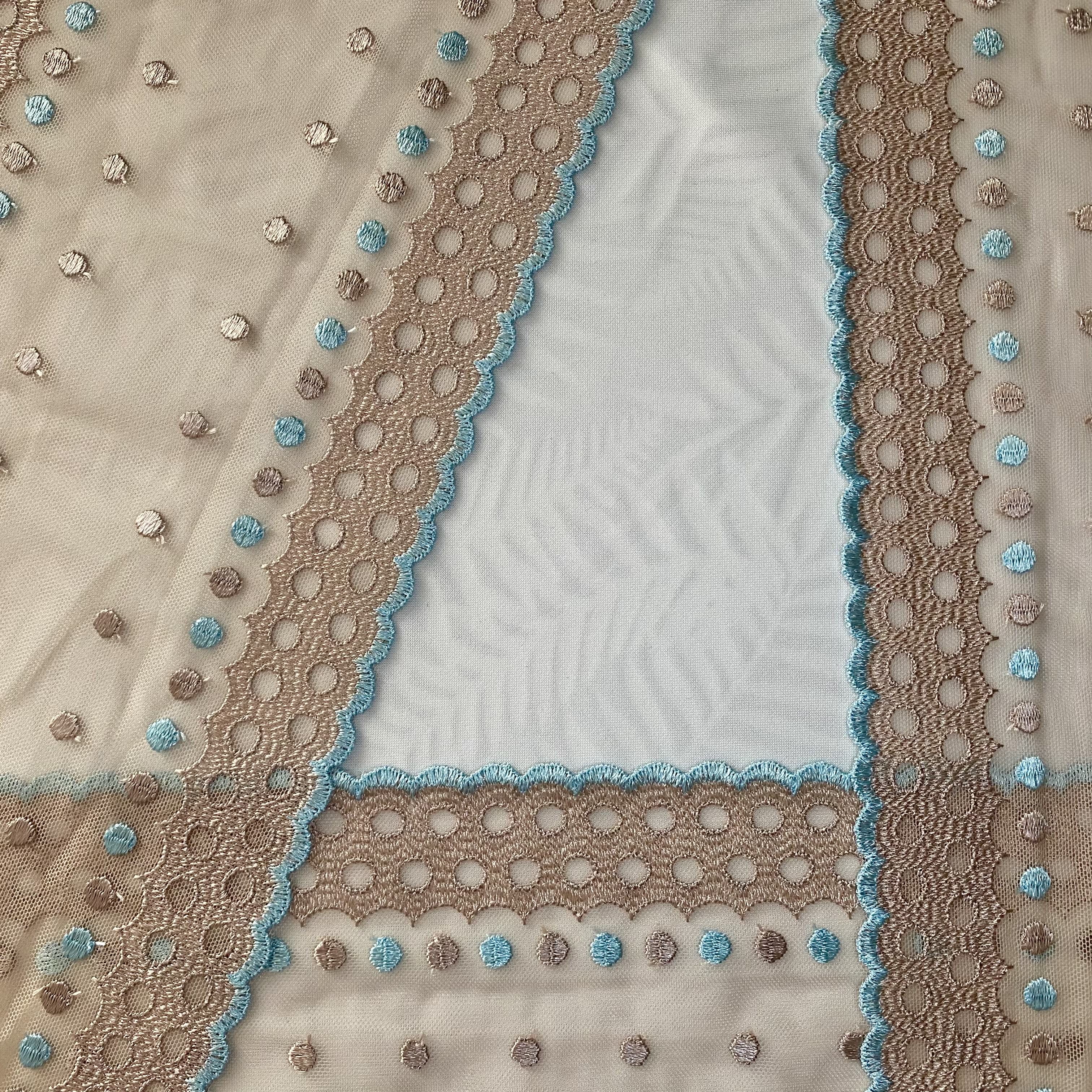 Embroidered Lace Mocha with Aqua Dots