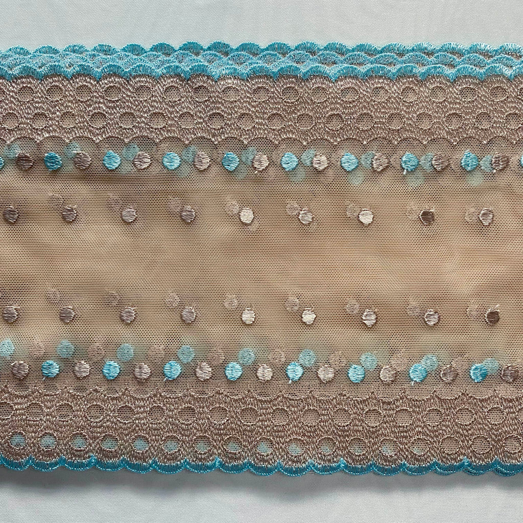 Embroidered Lace Mocha with Aqua Dots