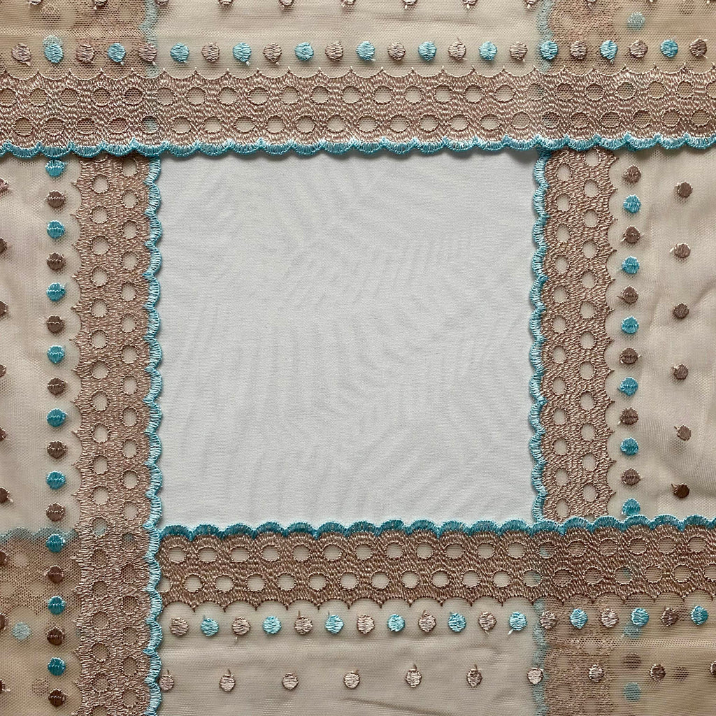 Embroidered Lace Mocha with Aqua Dots