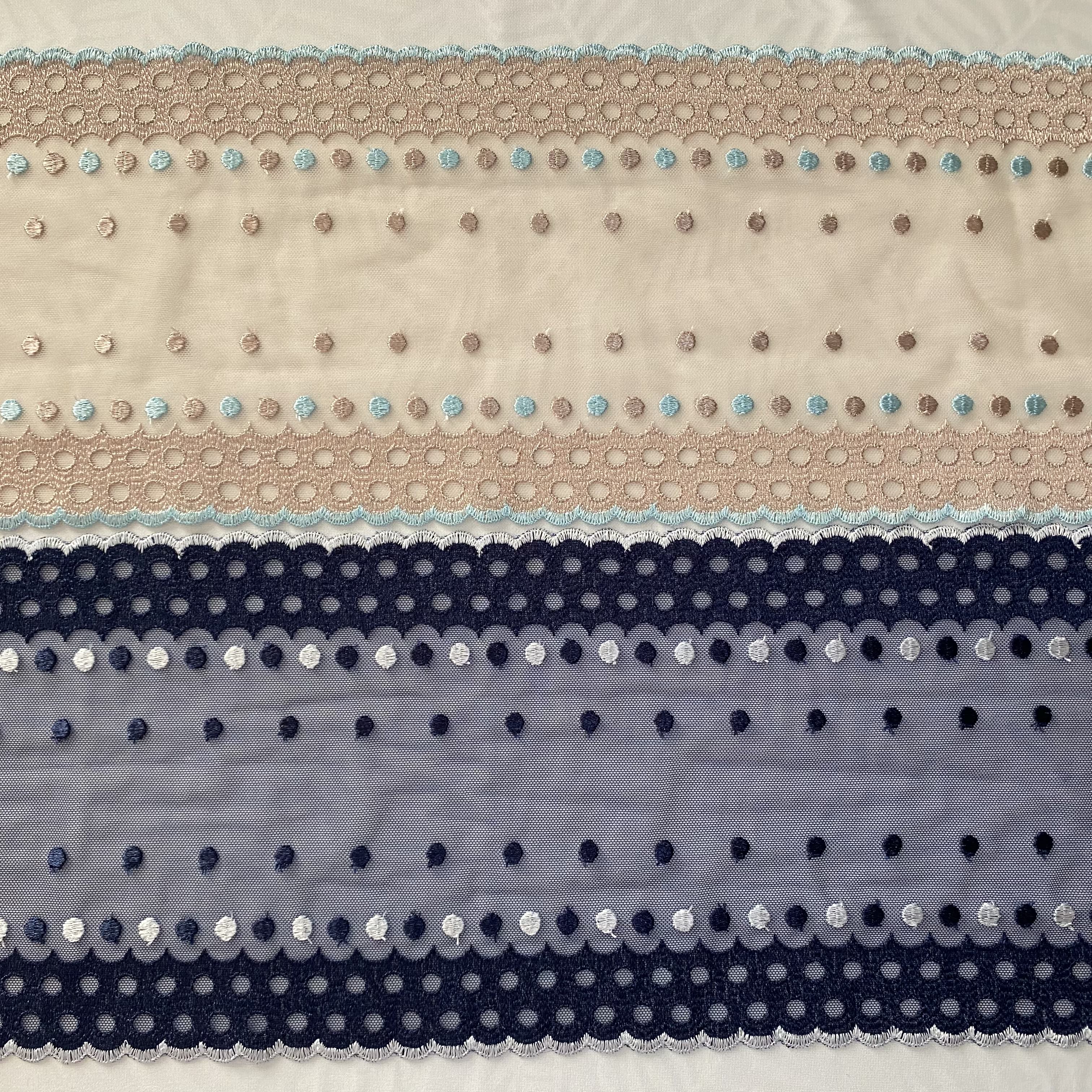 Embroidered Lace Mocha with Aqua Dots